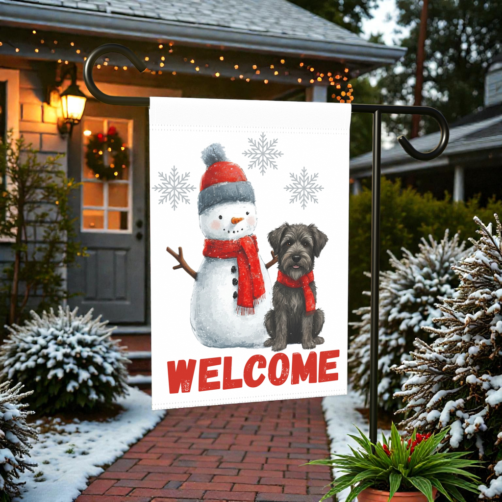 Bouvier Des Ardennes and Snowman Welcome Garden Flag - lifestyle display - Dragonfire Gardens