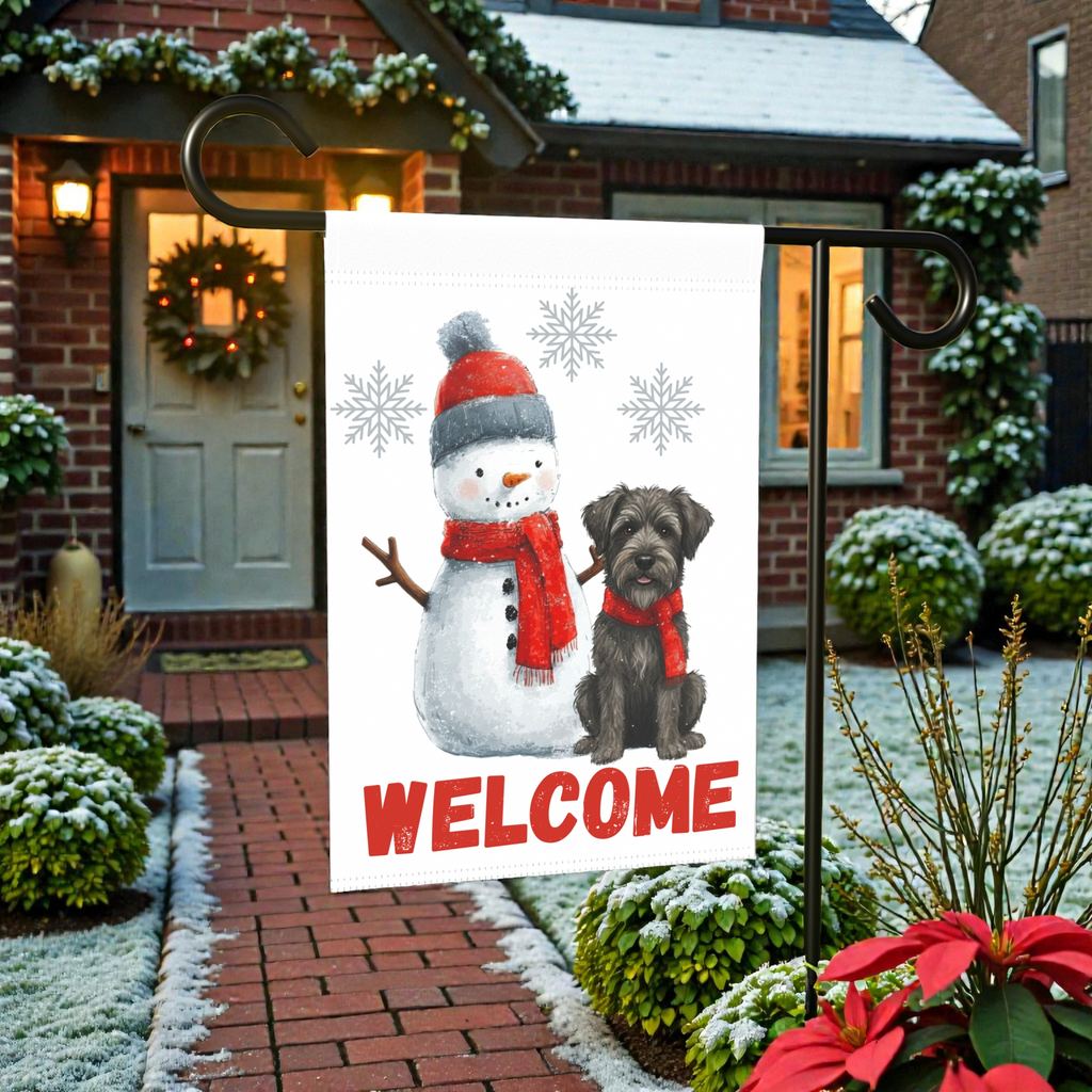 Bouvier Des Ardennes and Snowman Welcome Garden Flag - outdoor display - Dragonfire Gardens