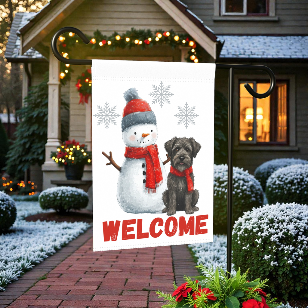 Bouvier Des Ardennes and Snowman Welcome Garden Flag - product detail - Dragonfire Gardens