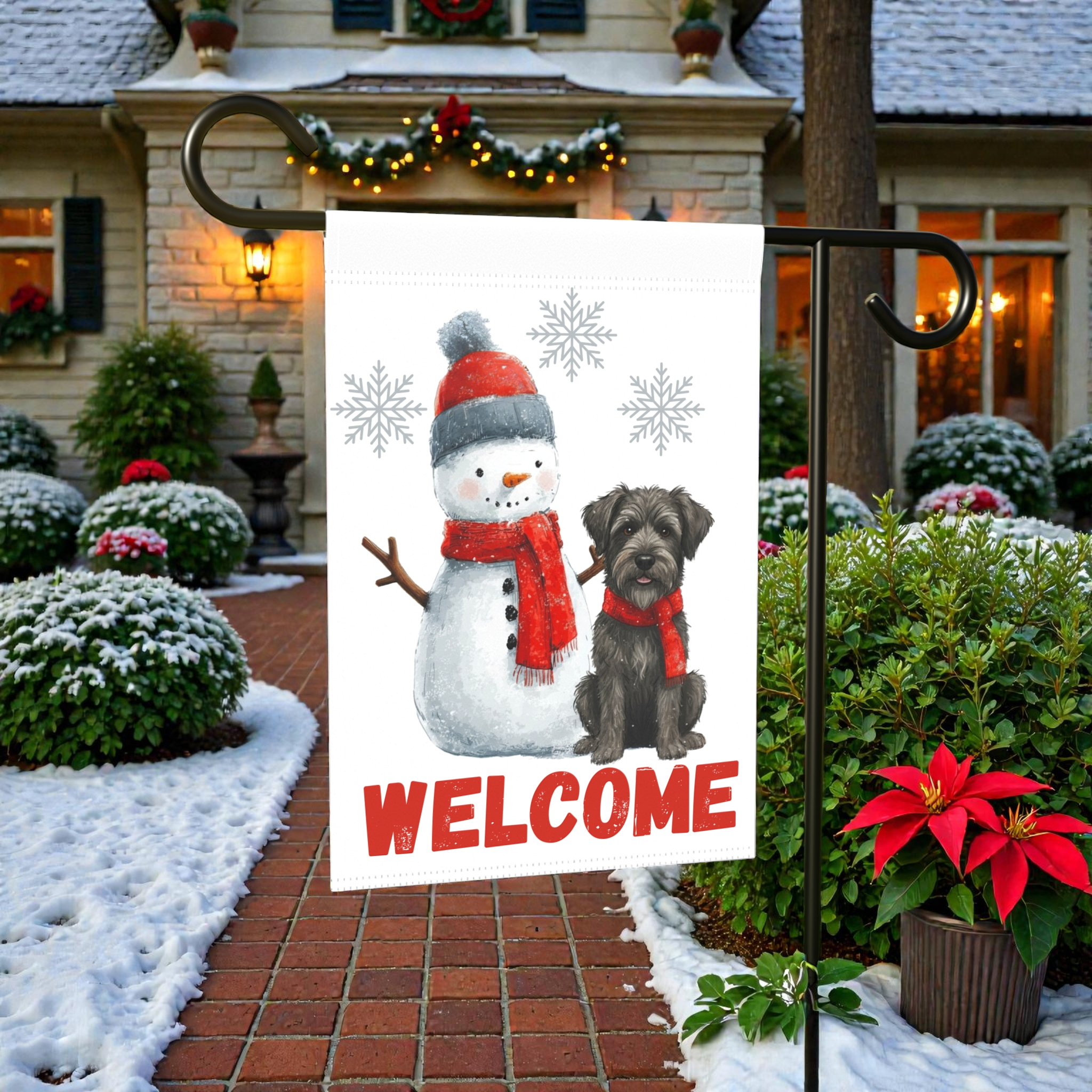 Bouvier Des Ardennes and Snowman Welcome Garden Flag - front view - Dragonfire Gardens