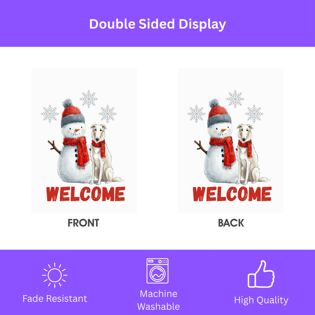 Borzoi and Snowman Welcome Garden Flag - size comparison - Dragonfire Gardens