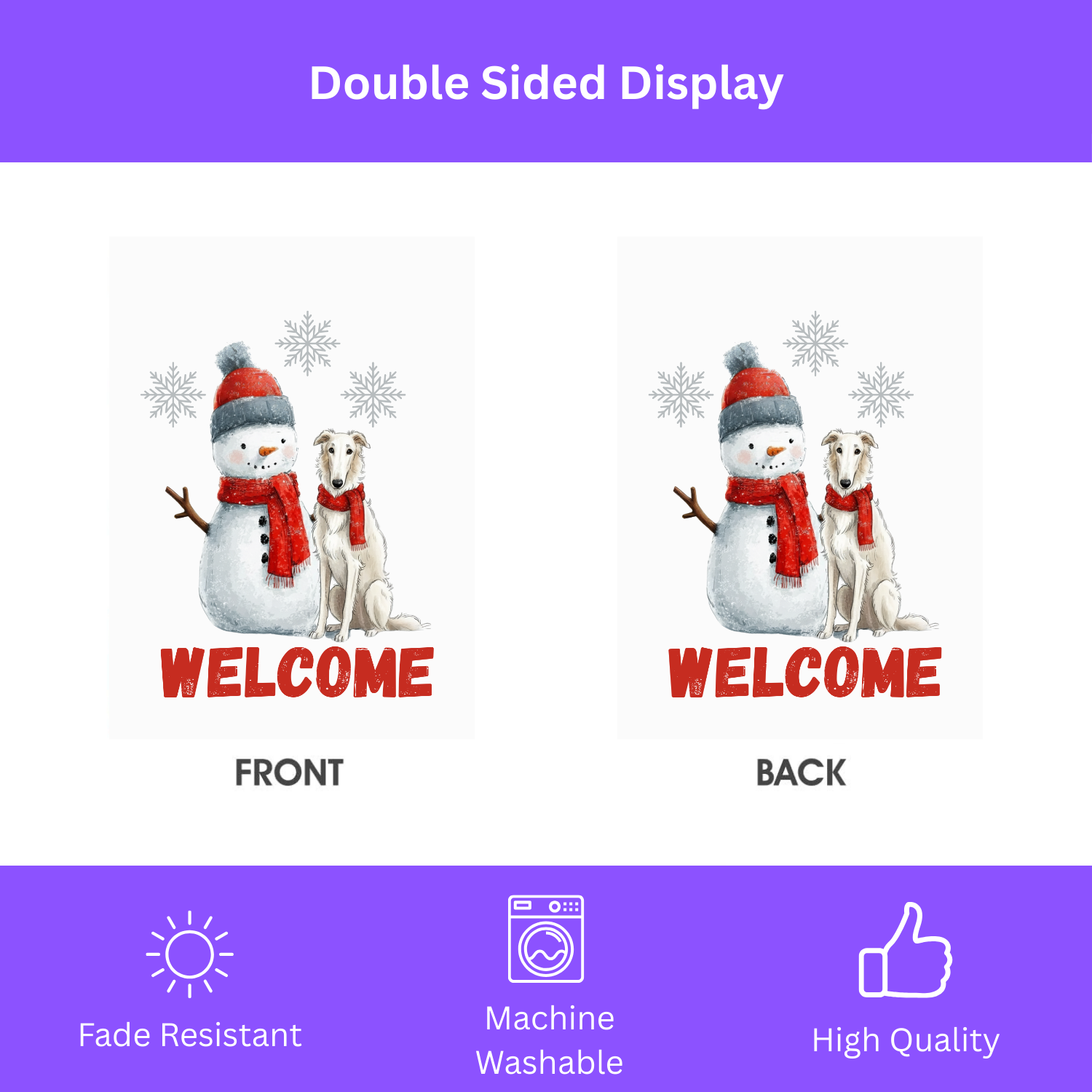 Borzoi and Snowman Welcome Garden Flag - size comparison - Dragonfire Gardens