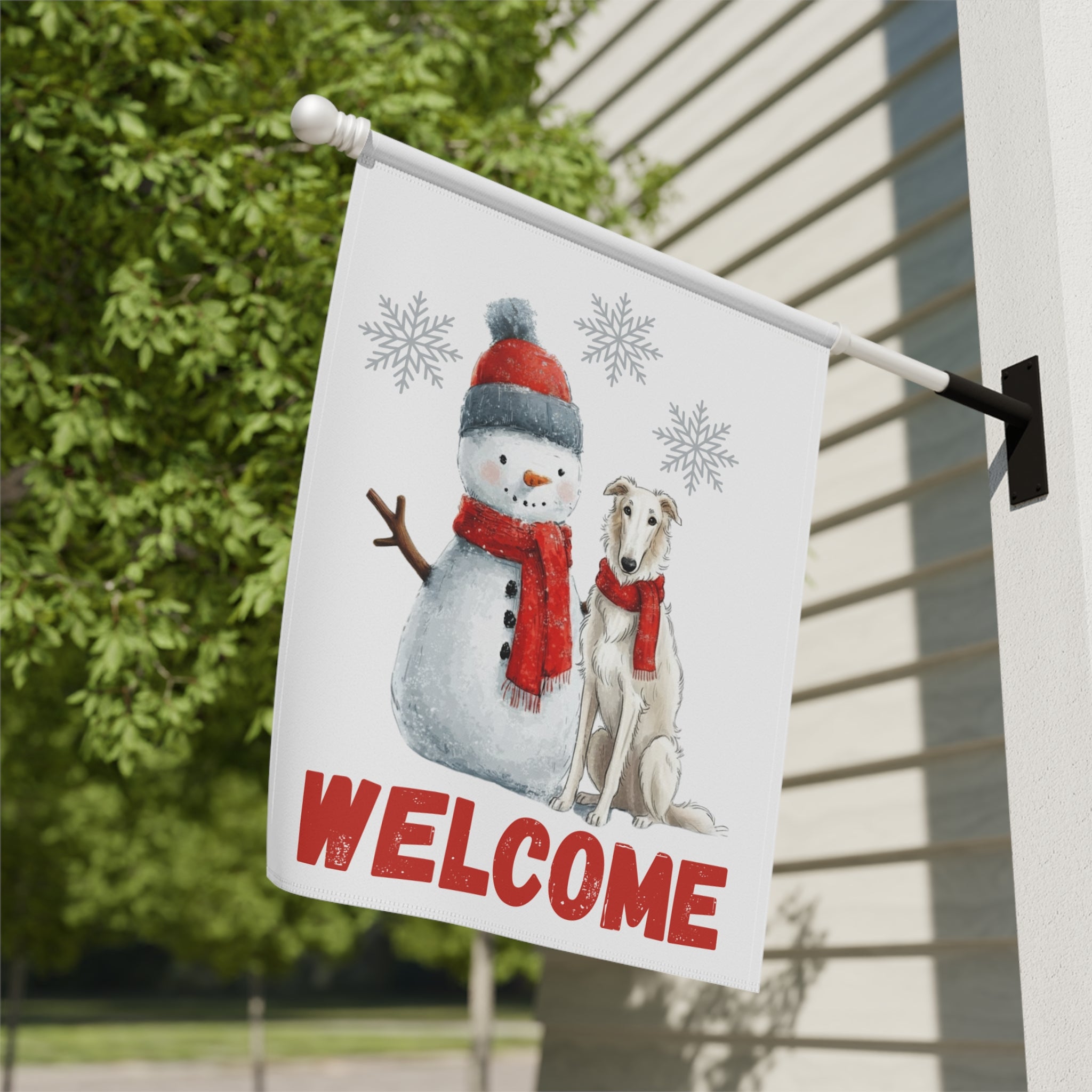 Borzoi and Snowman Welcome Garden Flag - yard display - Dragonfire Gardens
