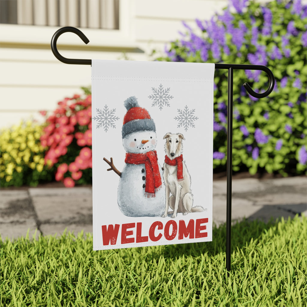 Borzoi and Snowman Welcome Garden Flag - close-up detail - Dragonfire Gardens
