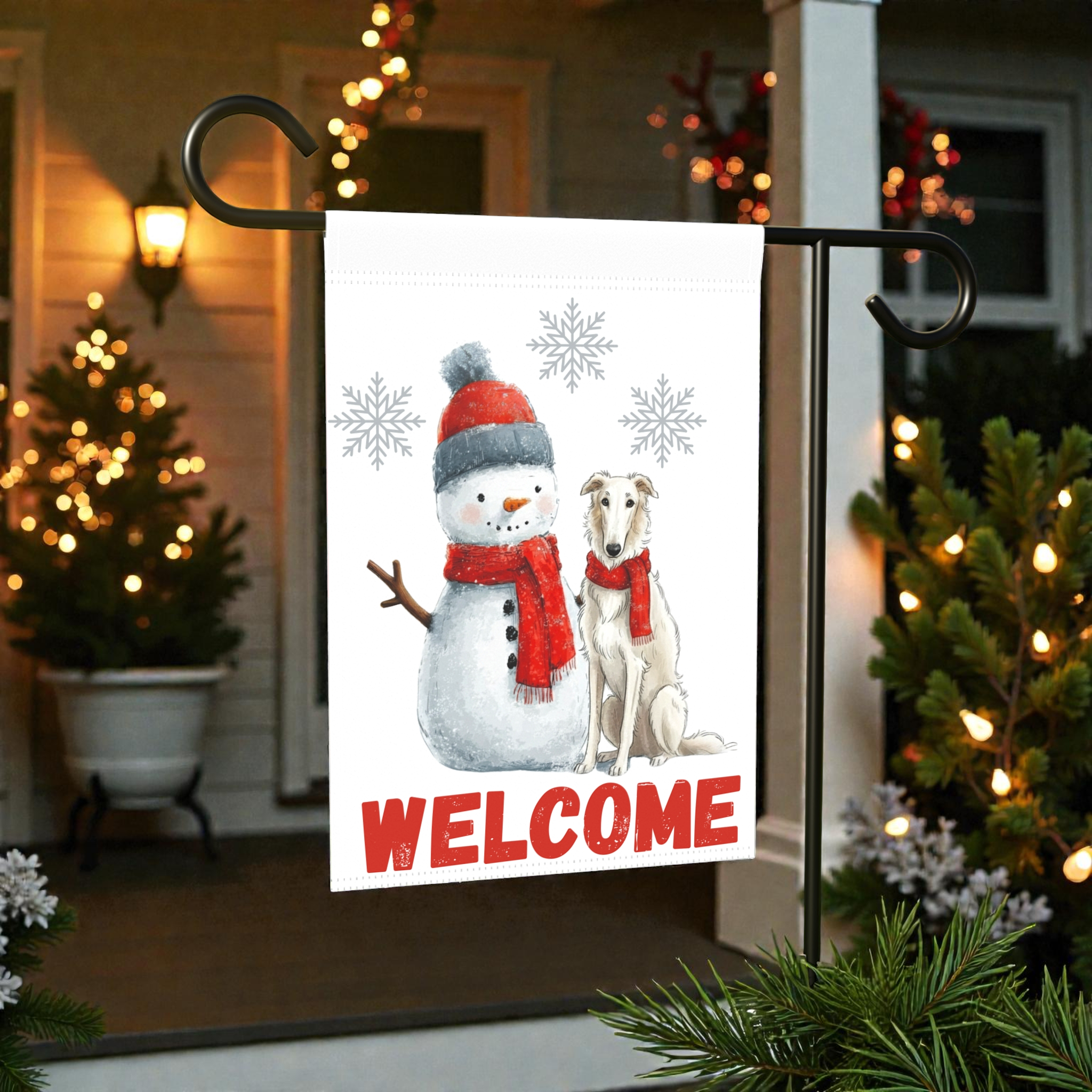Borzoi and Snowman Welcome Garden Flag - lifestyle display - Dragonfire Gardens