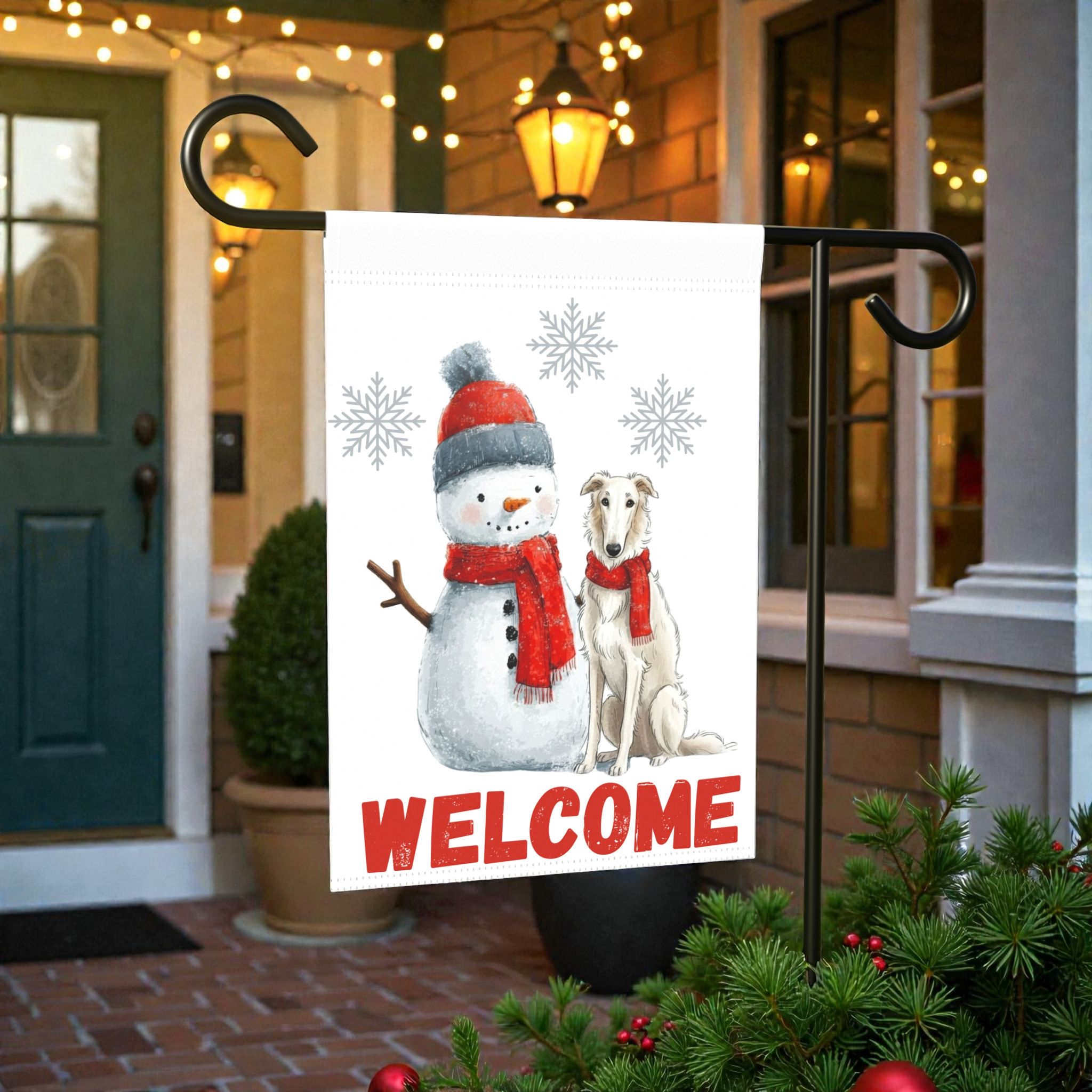 Borzoi and Snowman Welcome Garden Flag - outdoor display - Dragonfire Gardens