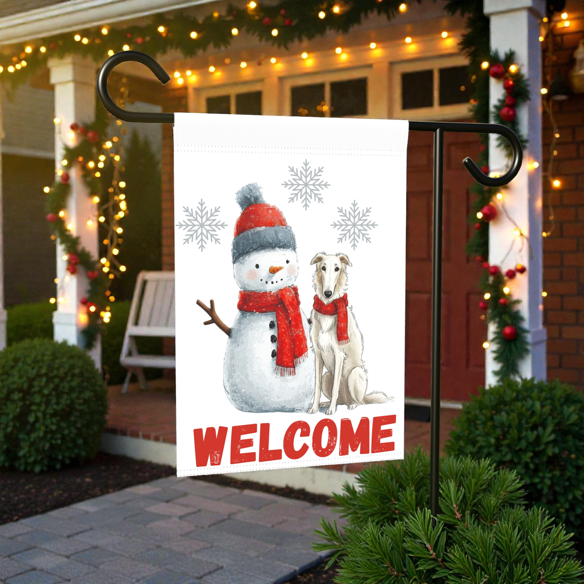 Borzoi and Snowman Welcome Garden Flag - front view - Dragonfire Gardens