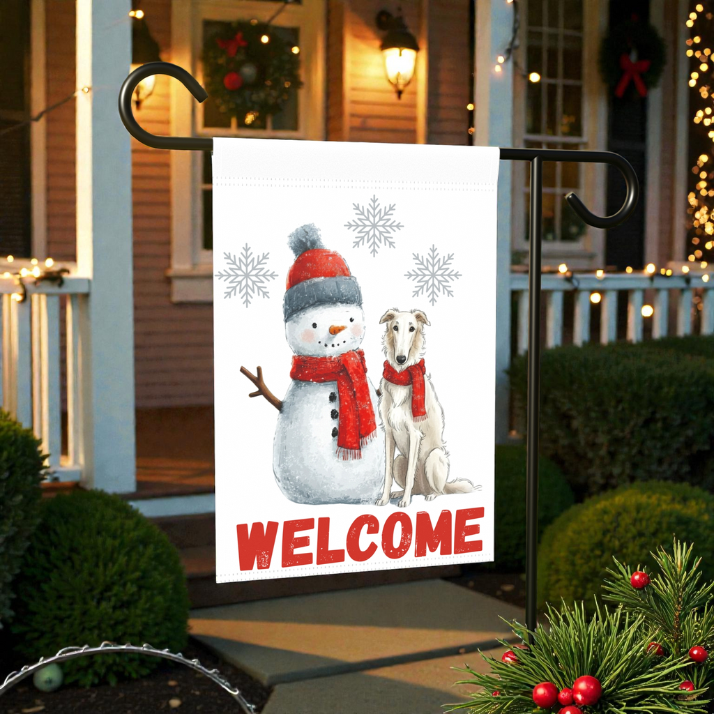 Borzoi and Snowman Welcome Garden Flag - product detail - Dragonfire Gardens