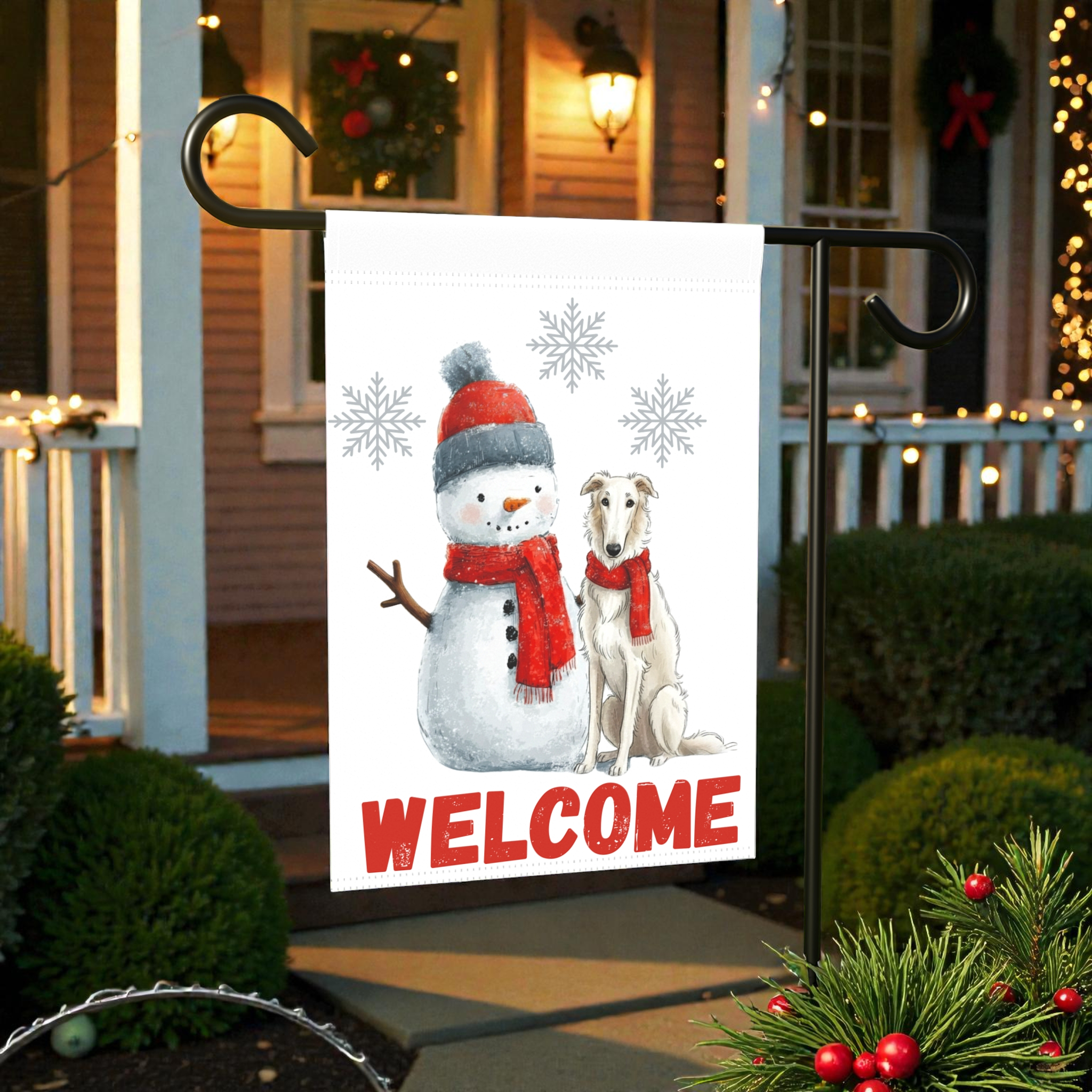 Borzoi and Snowman Welcome Garden Flag - product detail - Dragonfire Gardens