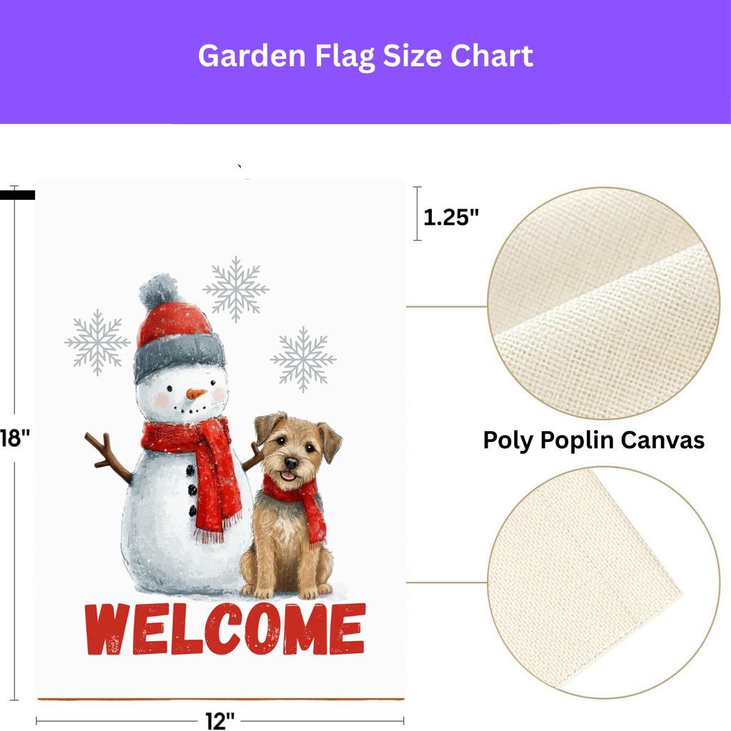 Border Terrier and Snowman Welcome Garden Flag - double-sided design - Dragonfire Gardens