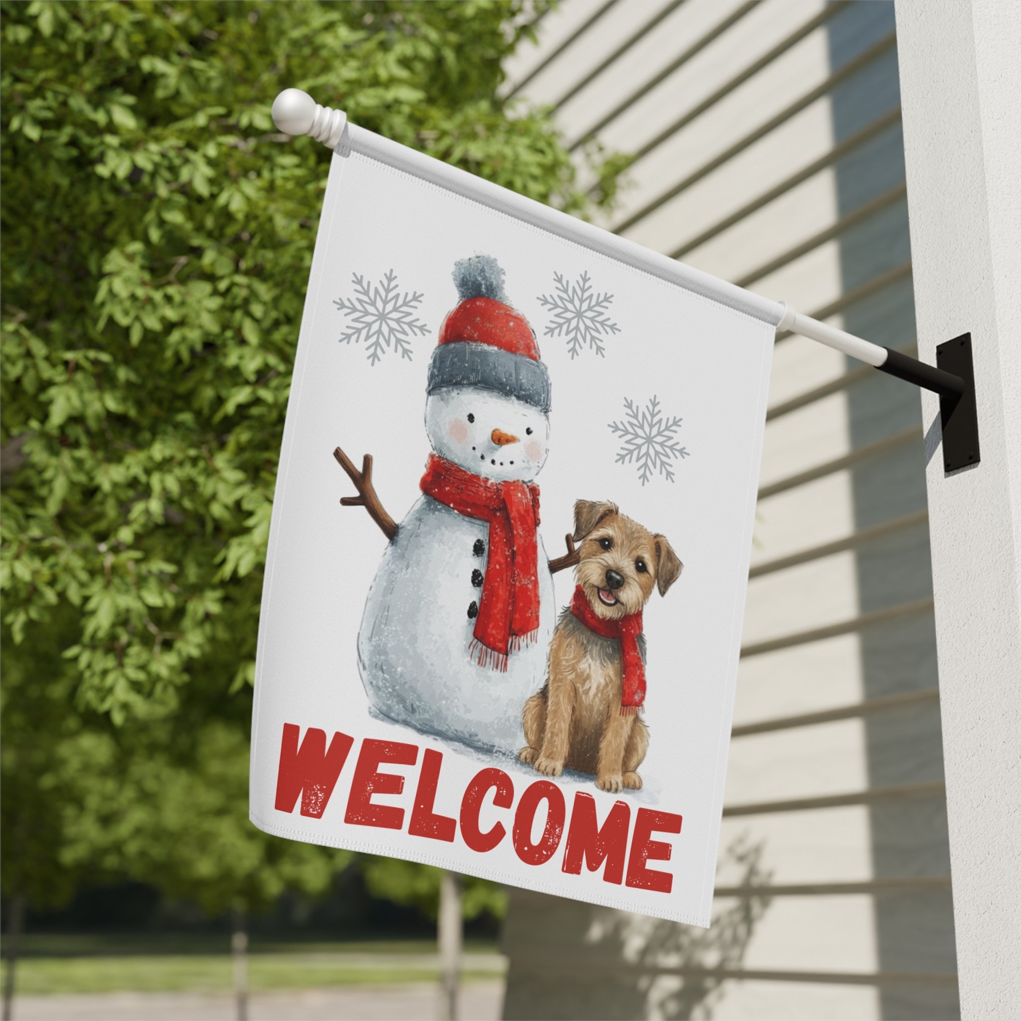 Border Terrier and Snowman Welcome Garden Flag - yard display - Dragonfire Gardens