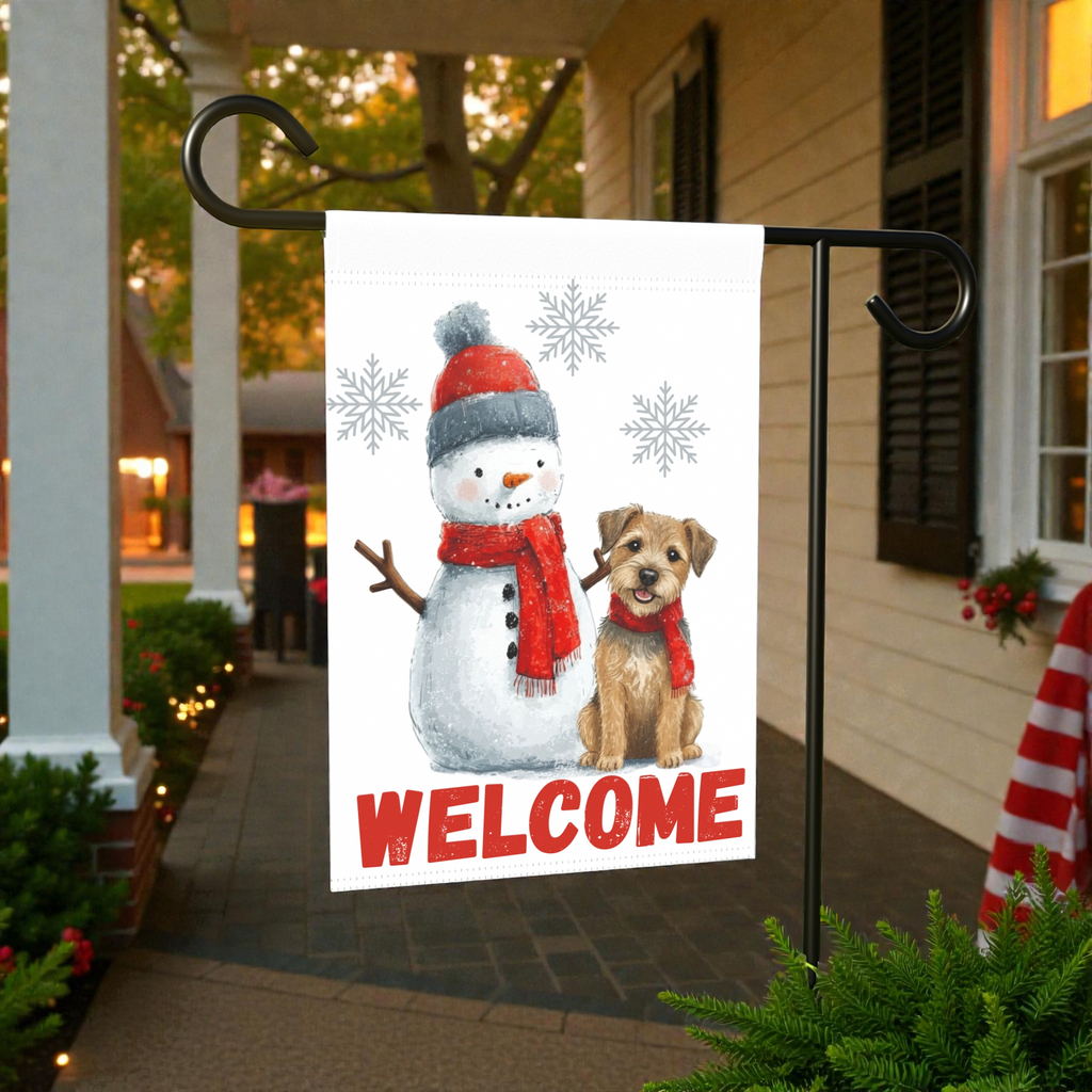Border Terrier and Snowman Welcome Garden Flag - size comparison - Dragonfire Gardens