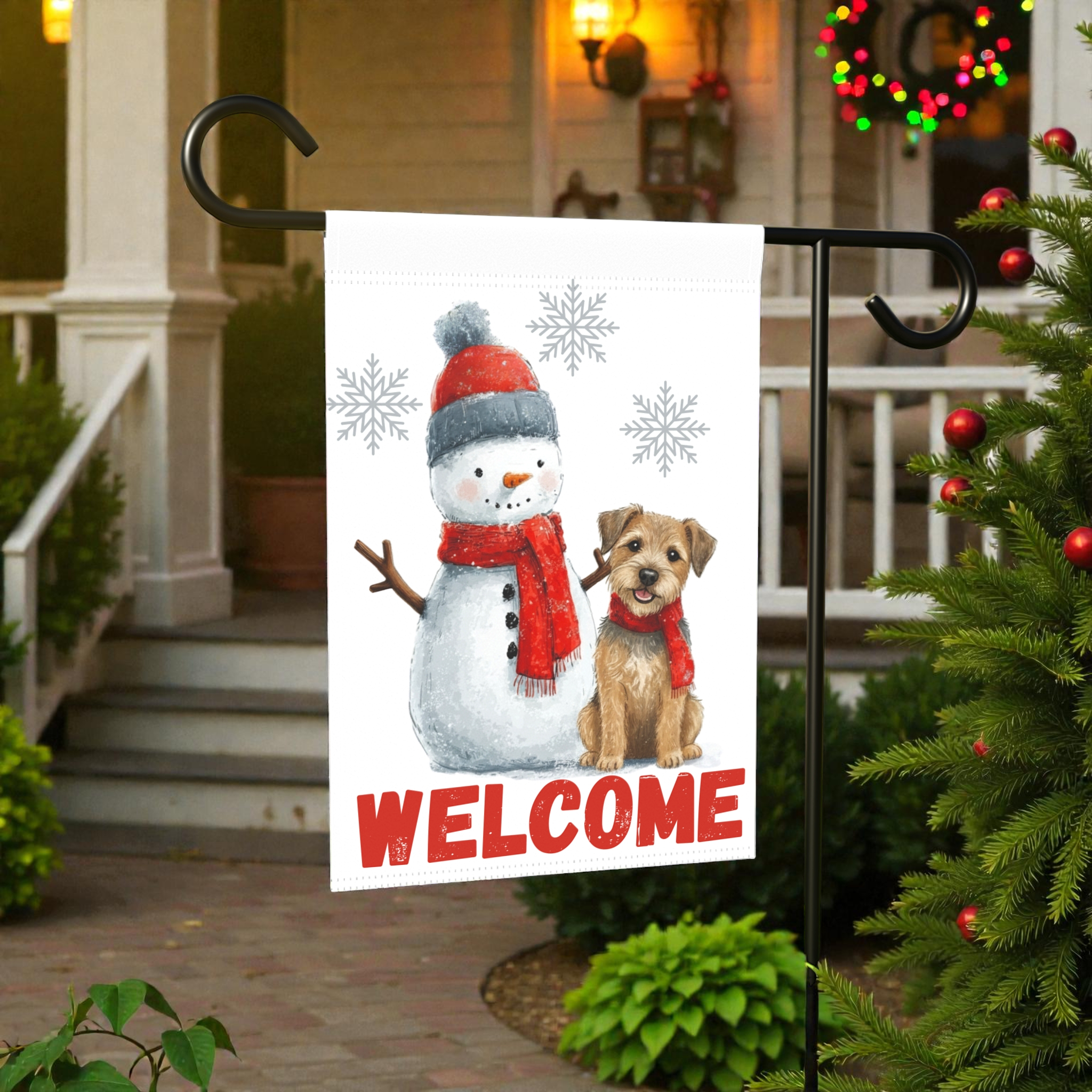 Border Terrier and Snowman Welcome Garden Flag - lifestyle display - Dragonfire Gardens
