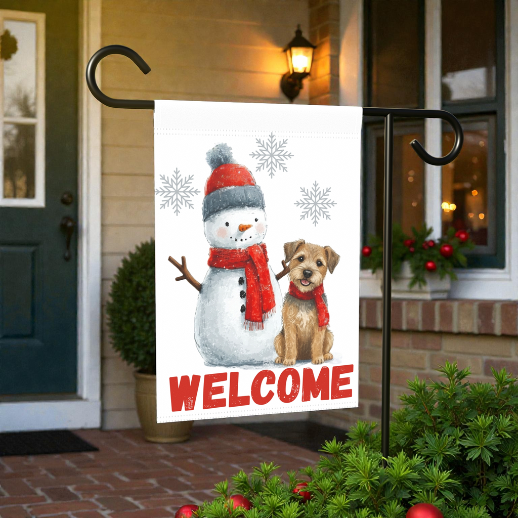 Border Terrier and Snowman Welcome Garden Flag - front view - Dragonfire Gardens