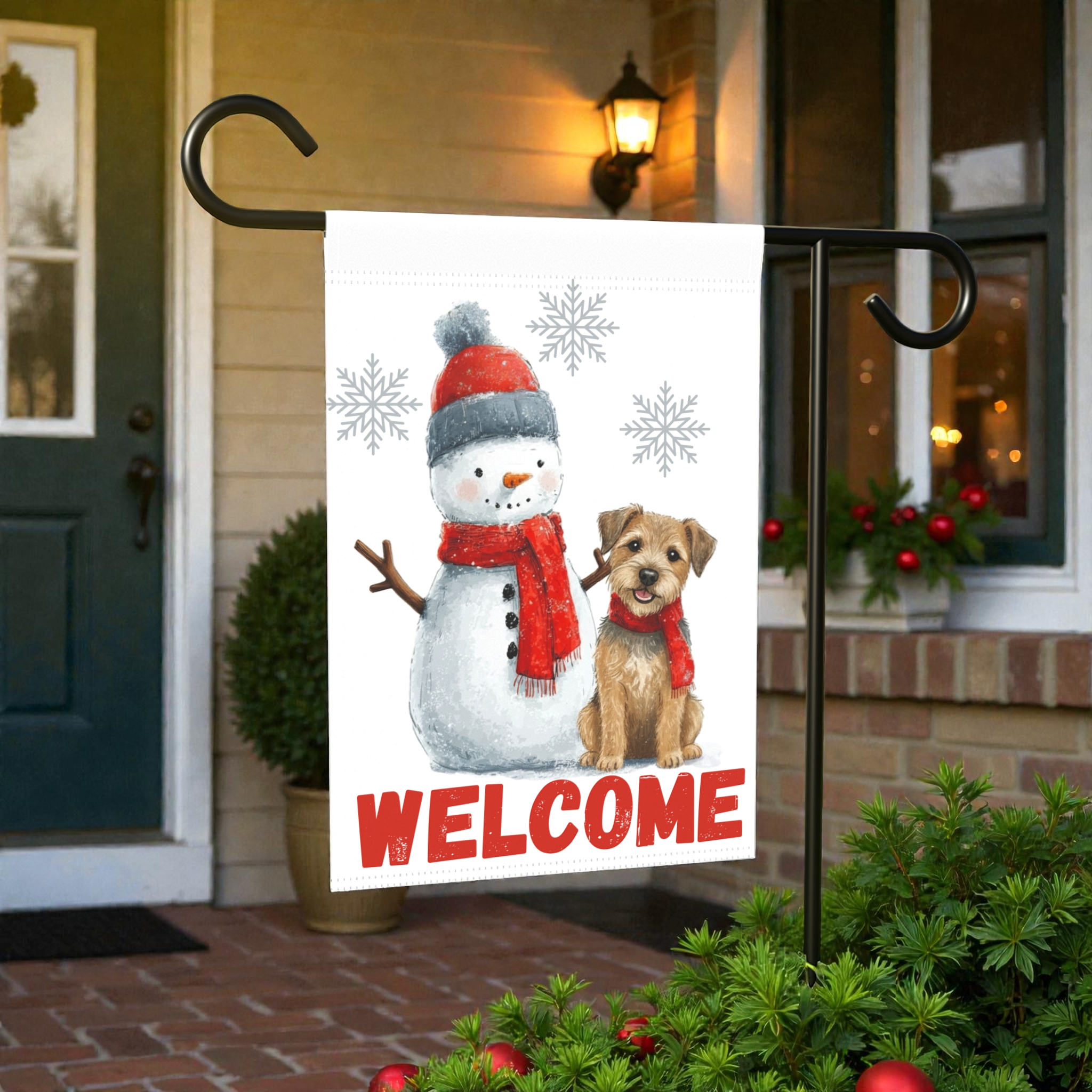 Border Terrier and Snowman Welcome Garden Flag - front view - Dragonfire Gardens