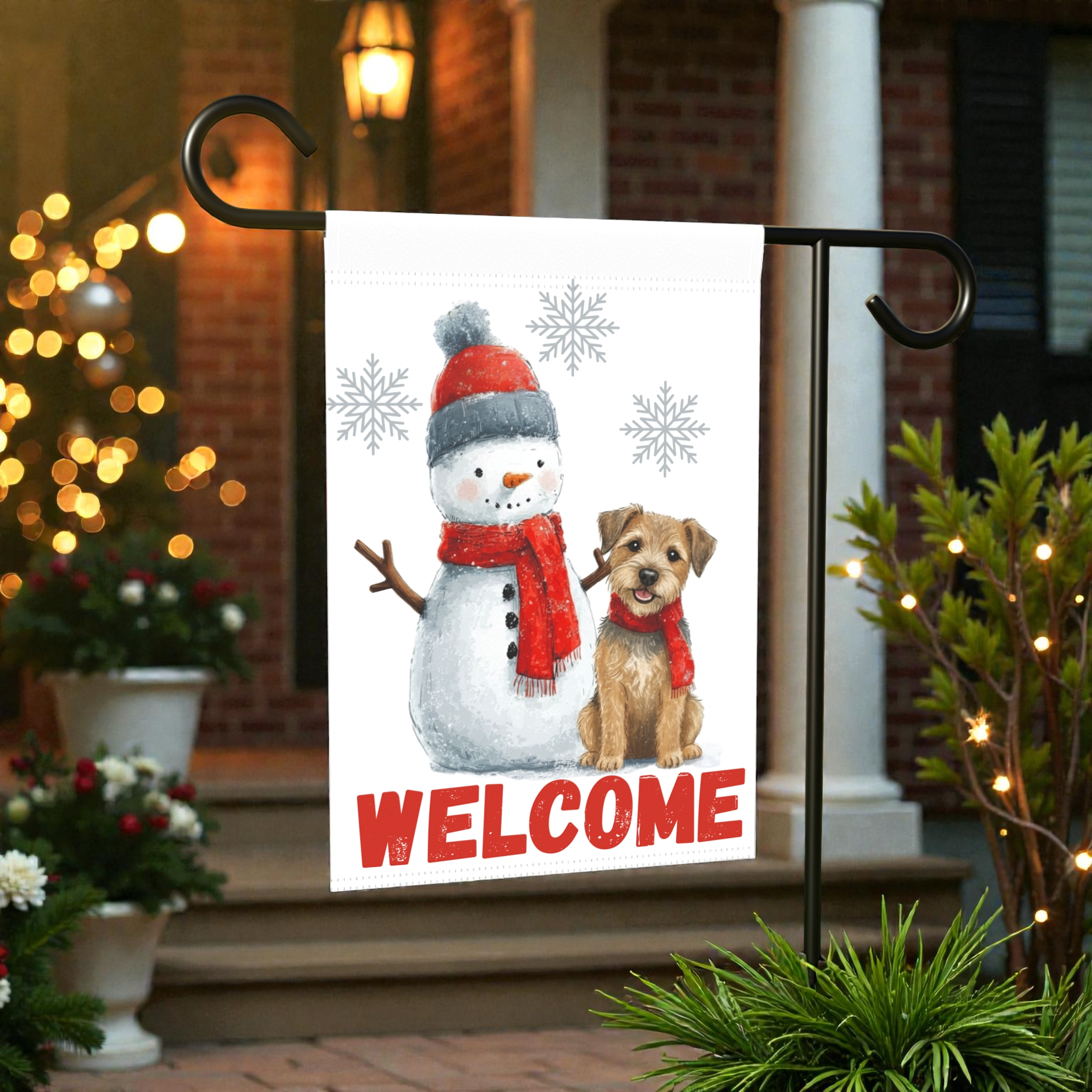Border Terrier and Snowman Welcome Garden Flag - outdoor display - Dragonfire Gardens
