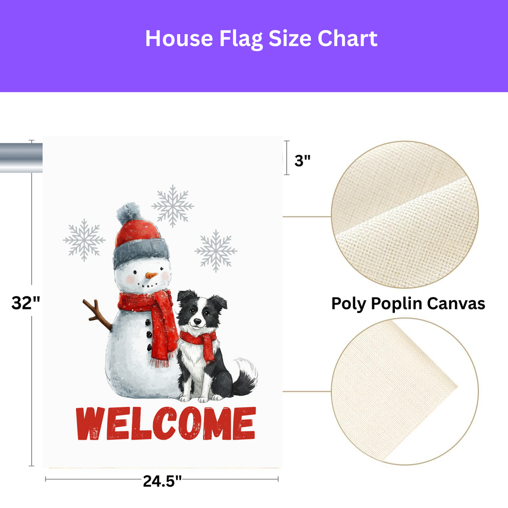 Border Collie and Snowman Welcome Garden Flag - size comparison - Dragonfire Gardens