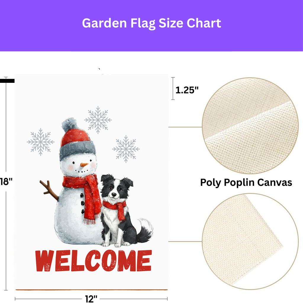 Border Collie and Snowman Welcome Garden Flag - double-sided design - Dragonfire Gardens