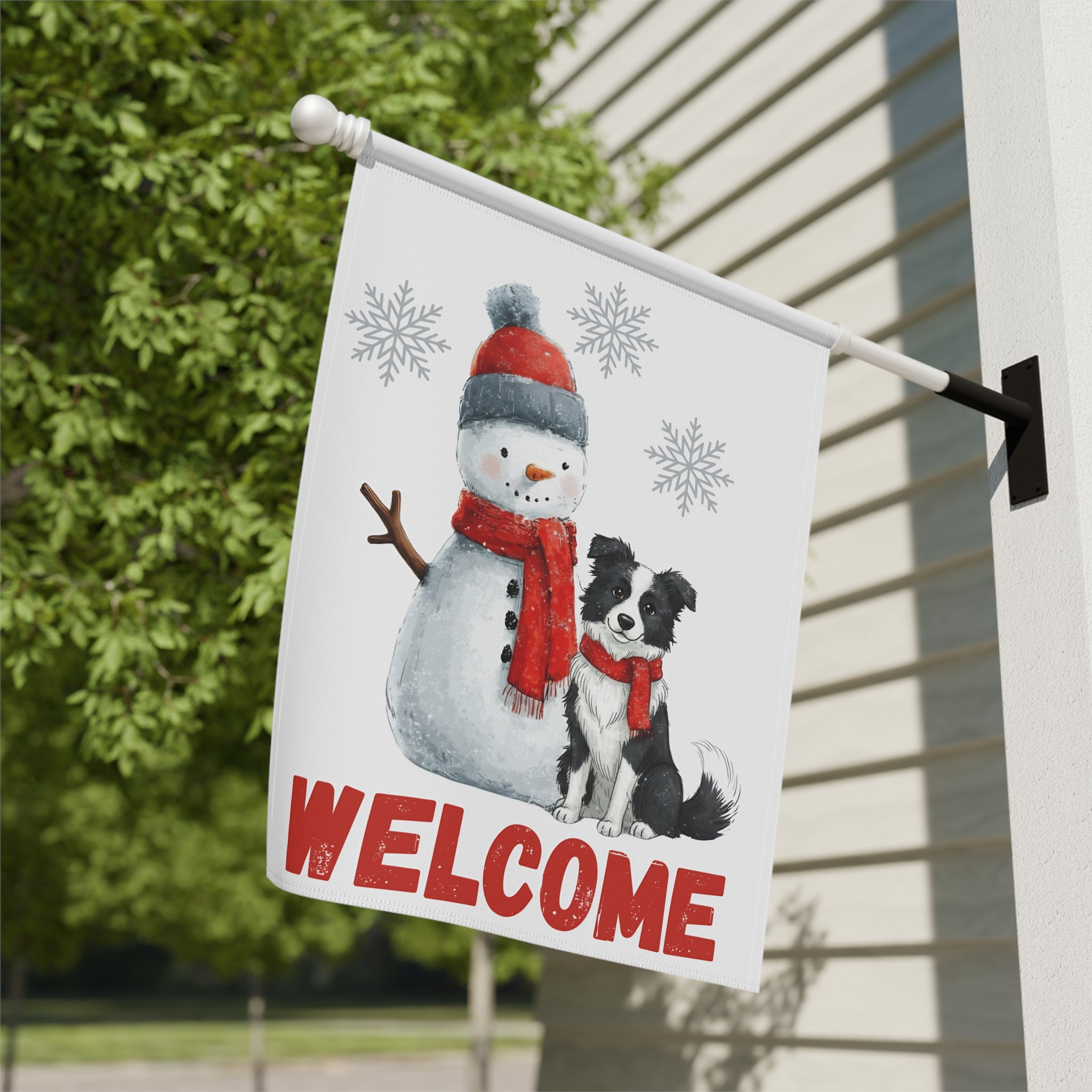 Border Collie and Snowman Welcome Garden Flag - yard display - Dragonfire Gardens