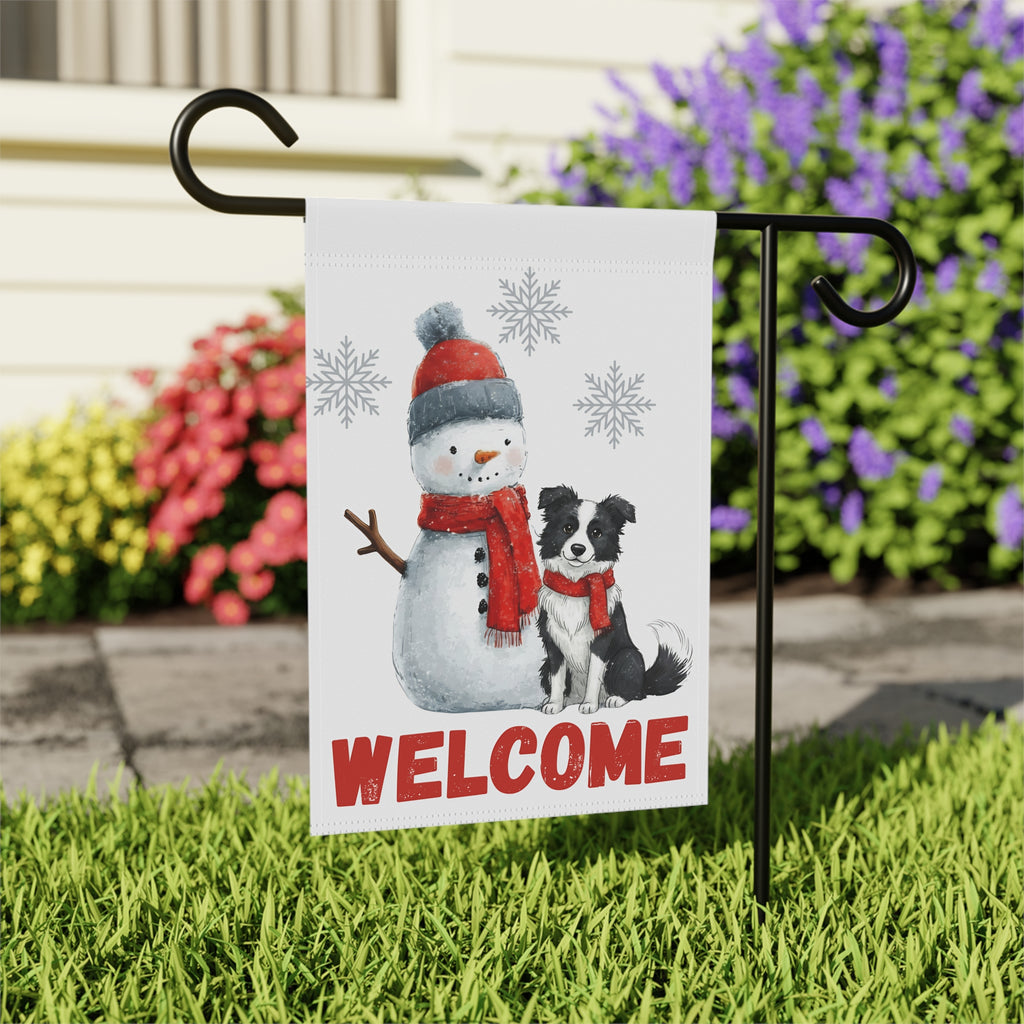 Border Collie and Snowman Welcome Garden Flag - close-up detail - Dragonfire Gardens