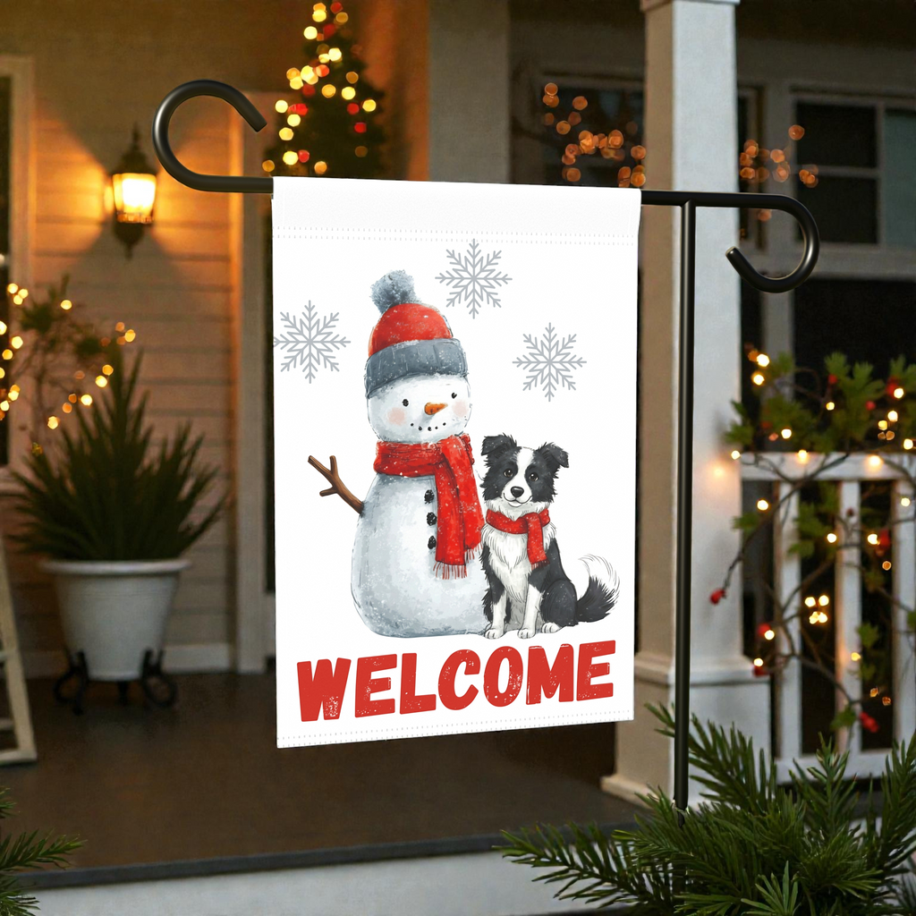 Border Collie and Snowman Welcome Garden Flag - outdoor display - Dragonfire Gardens