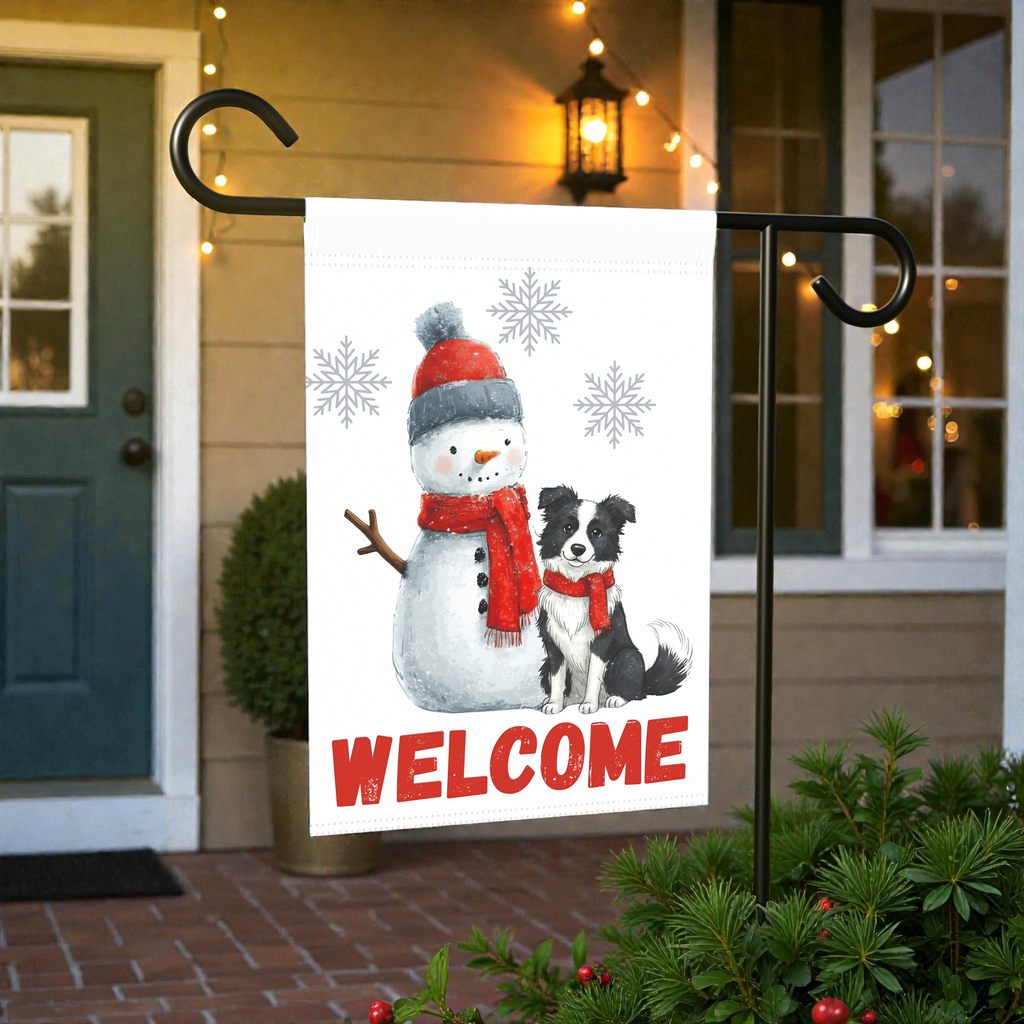 Border Collie and Snowman Welcome Garden Flag - lifestyle display - Dragonfire Gardens