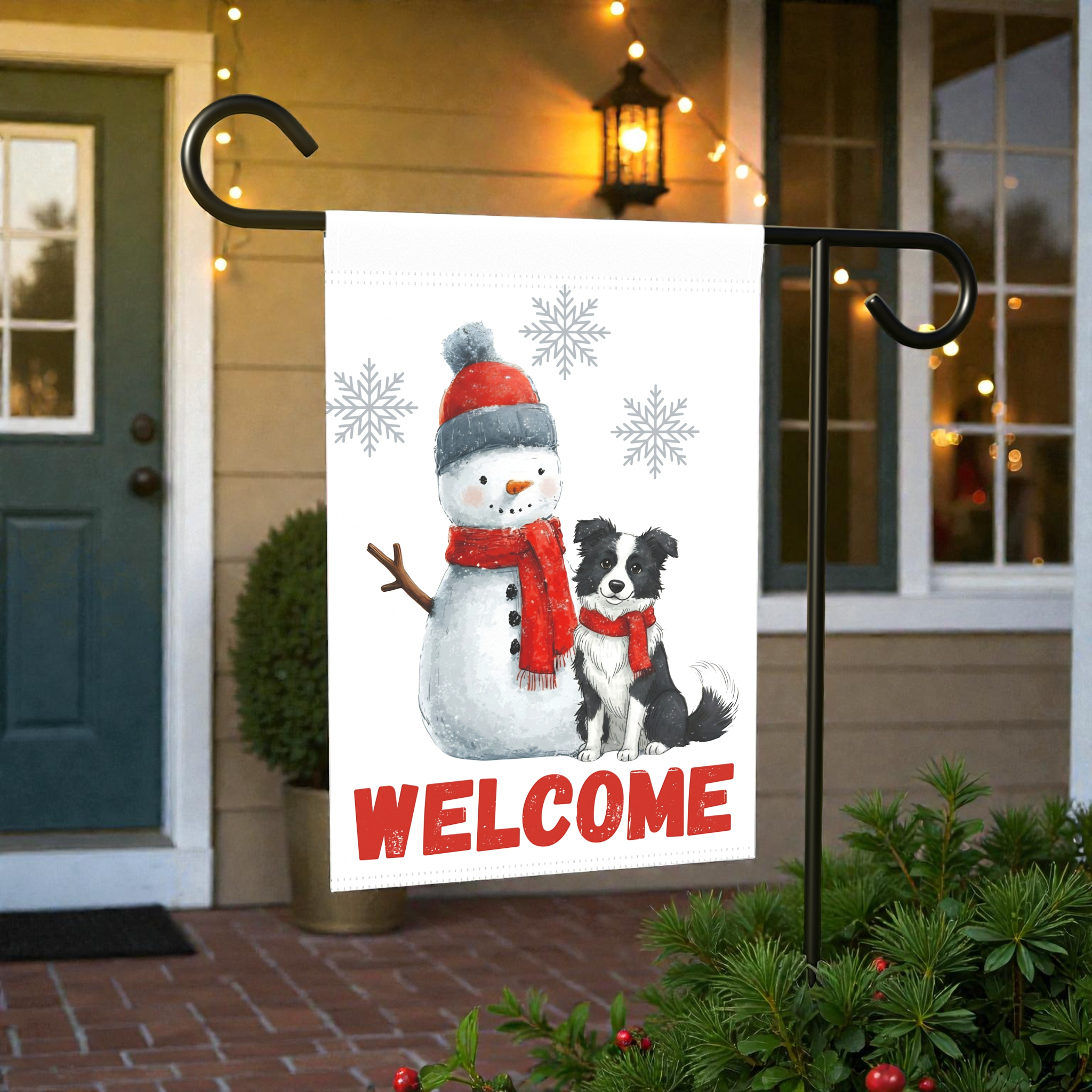 Border Collie and Snowman Welcome Garden Flag - lifestyle display - Dragonfire Gardens