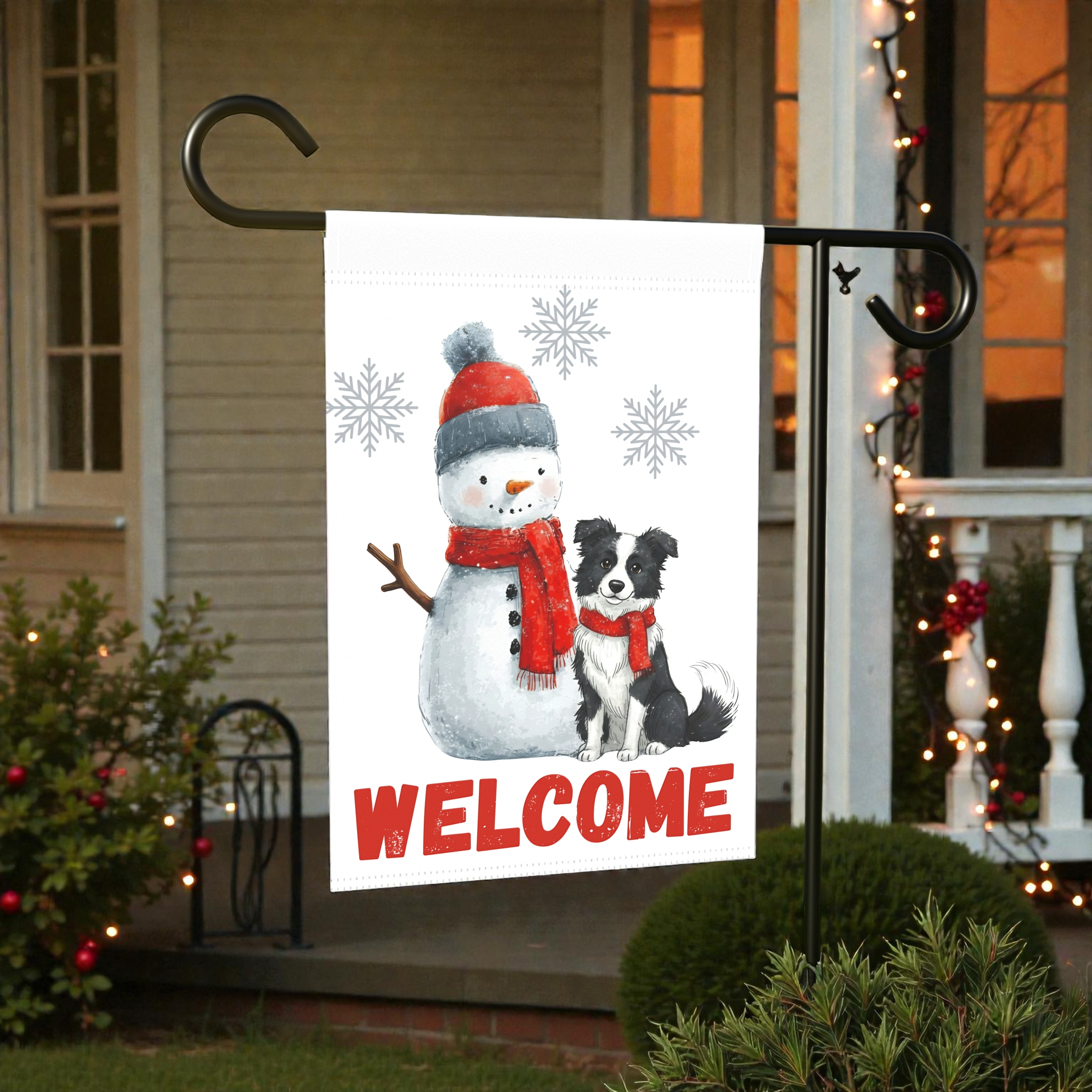 Border Collie and Snowman Welcome Garden Flag - product detail - Dragonfire Gardens