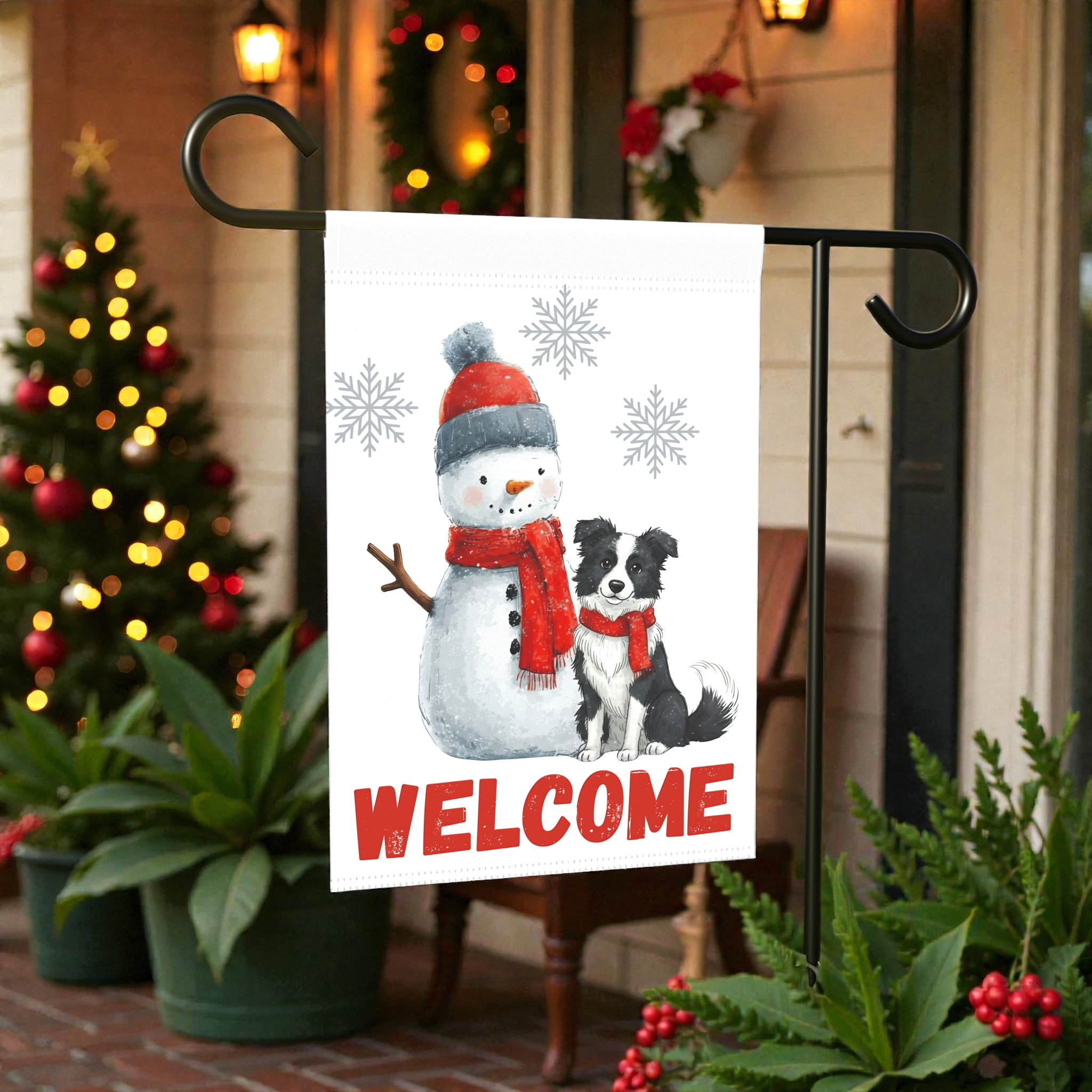 Border Collie and Snowman Welcome Garden Flag - front view - Dragonfire Gardens