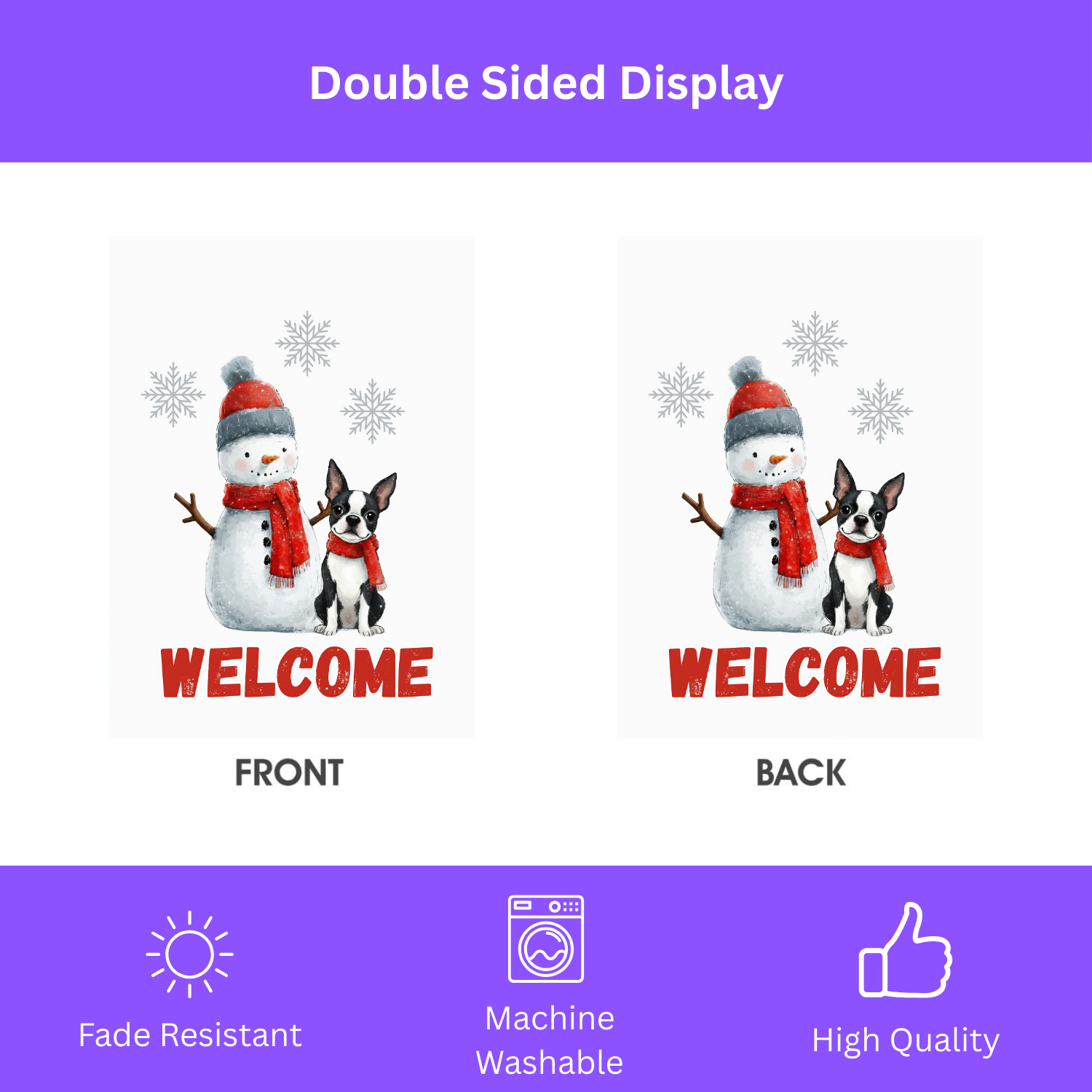 Black and White Boston Terrier and Snowman Welcome Flag Garden Flag - size comparison - Dragonfire Gardens
