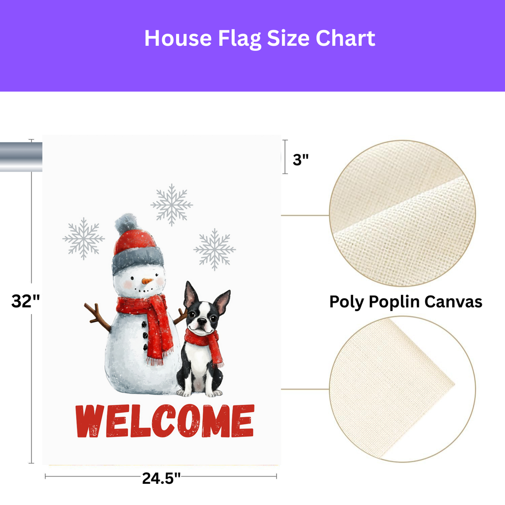 Black and White Boston Terrier and Snowman Welcome Flag Garden Flag - porch decor - Dragonfire Gardens