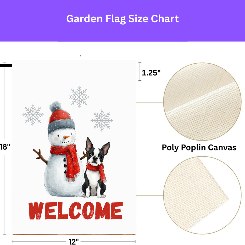 Black and White Boston Terrier and Snowman Welcome Flag Garden Flag - double-sided design - Dragonfire Gardens