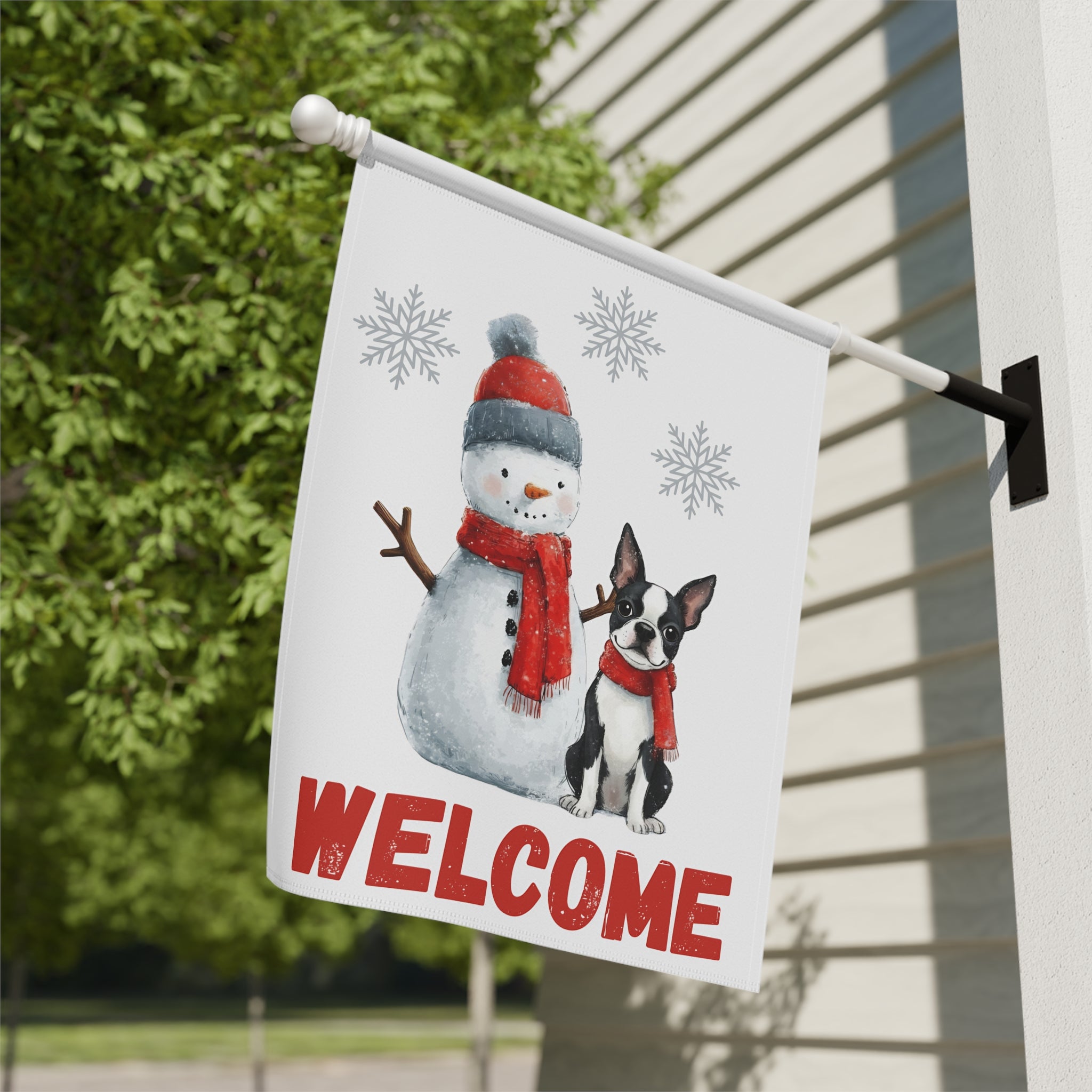 Black and White Boston Terrier and Snowman Welcome Flag Garden Flag - yard display - Dragonfire Gardens
