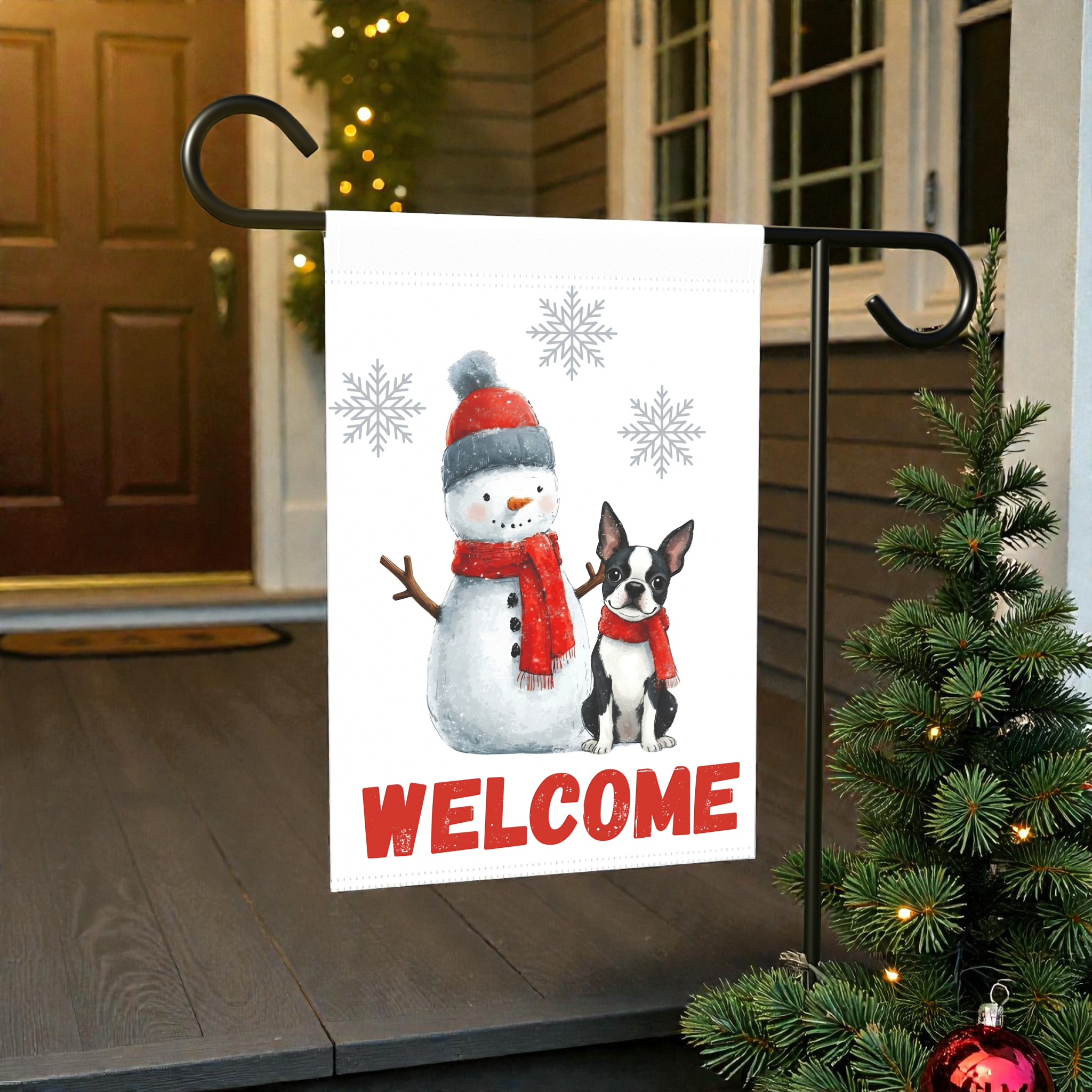Black and White Boston Terrier and Snowman Welcome Flag Garden Flag - outdoor display - Dragonfire Gardens