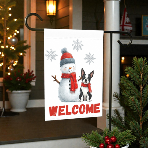 Black and White Boston Terrier and Snowman Welcome Flag Garden Flag - front view - Dragonfire Gardens