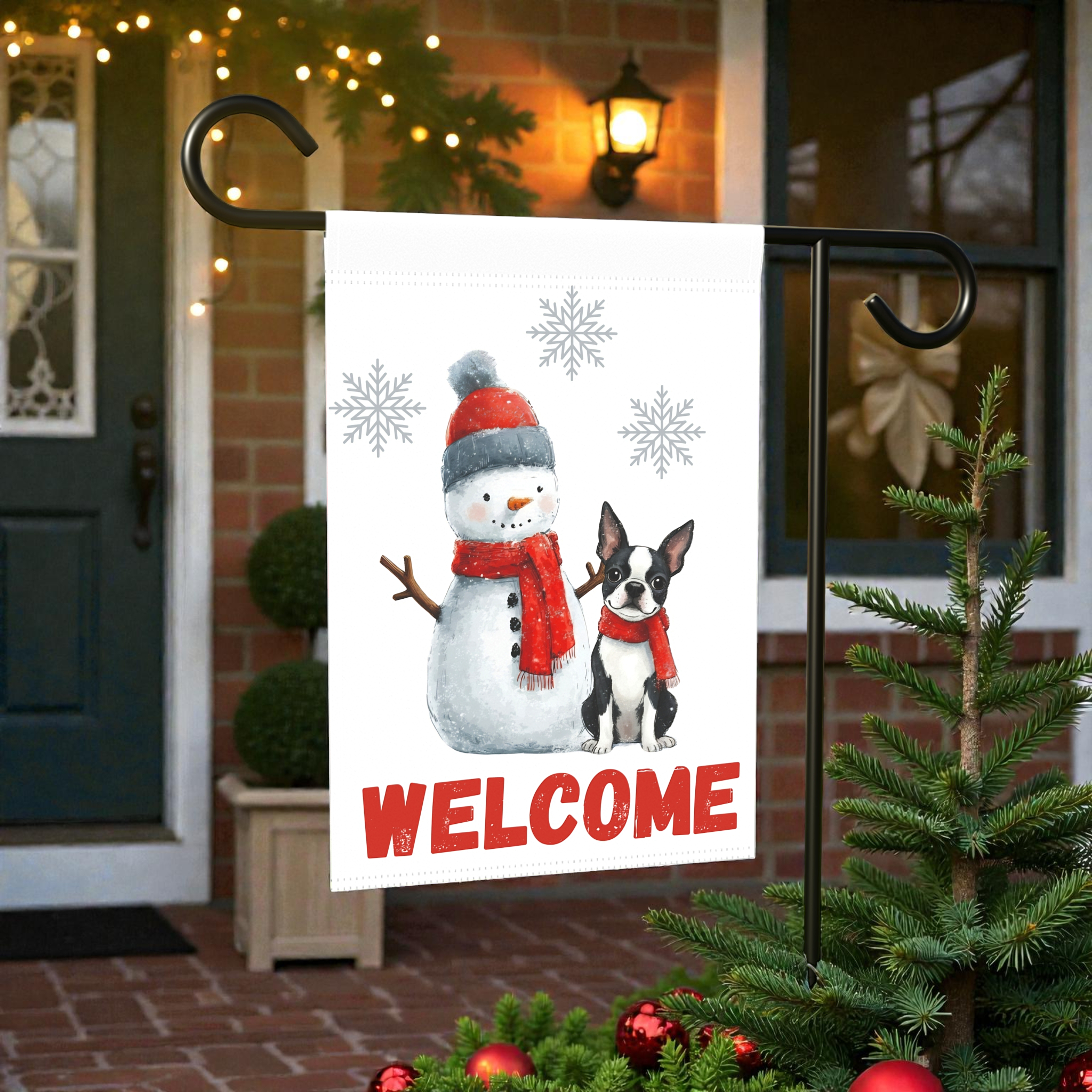 Black and White Boston Terrier and Snowman Welcome Flag Garden Flag - lifestyle display - Dragonfire Gardens