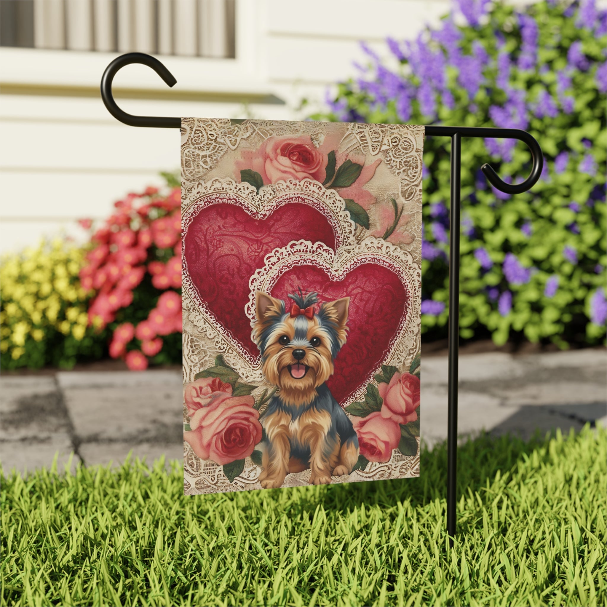 Two Heart Valentine Yorkshire Terrier Garden Flag