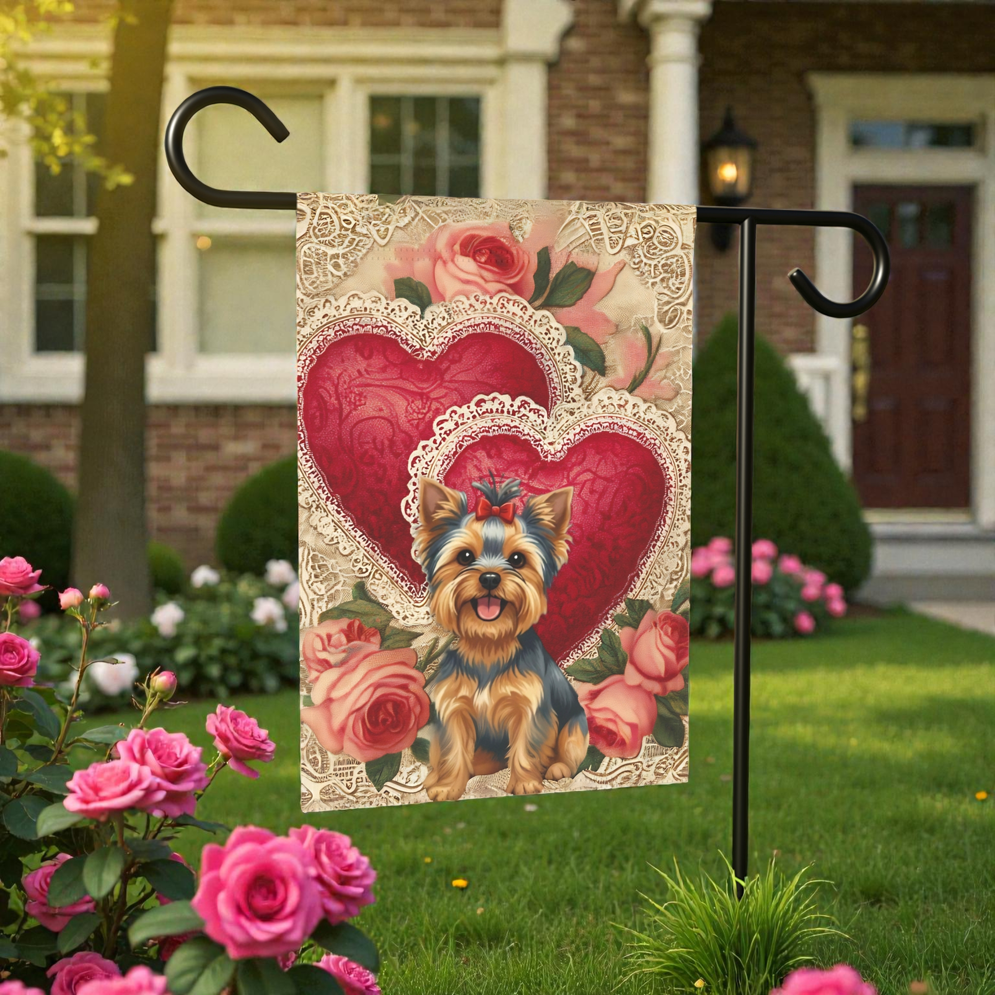 Two Heart Valentine Yorkshire Terrier Garden Flag