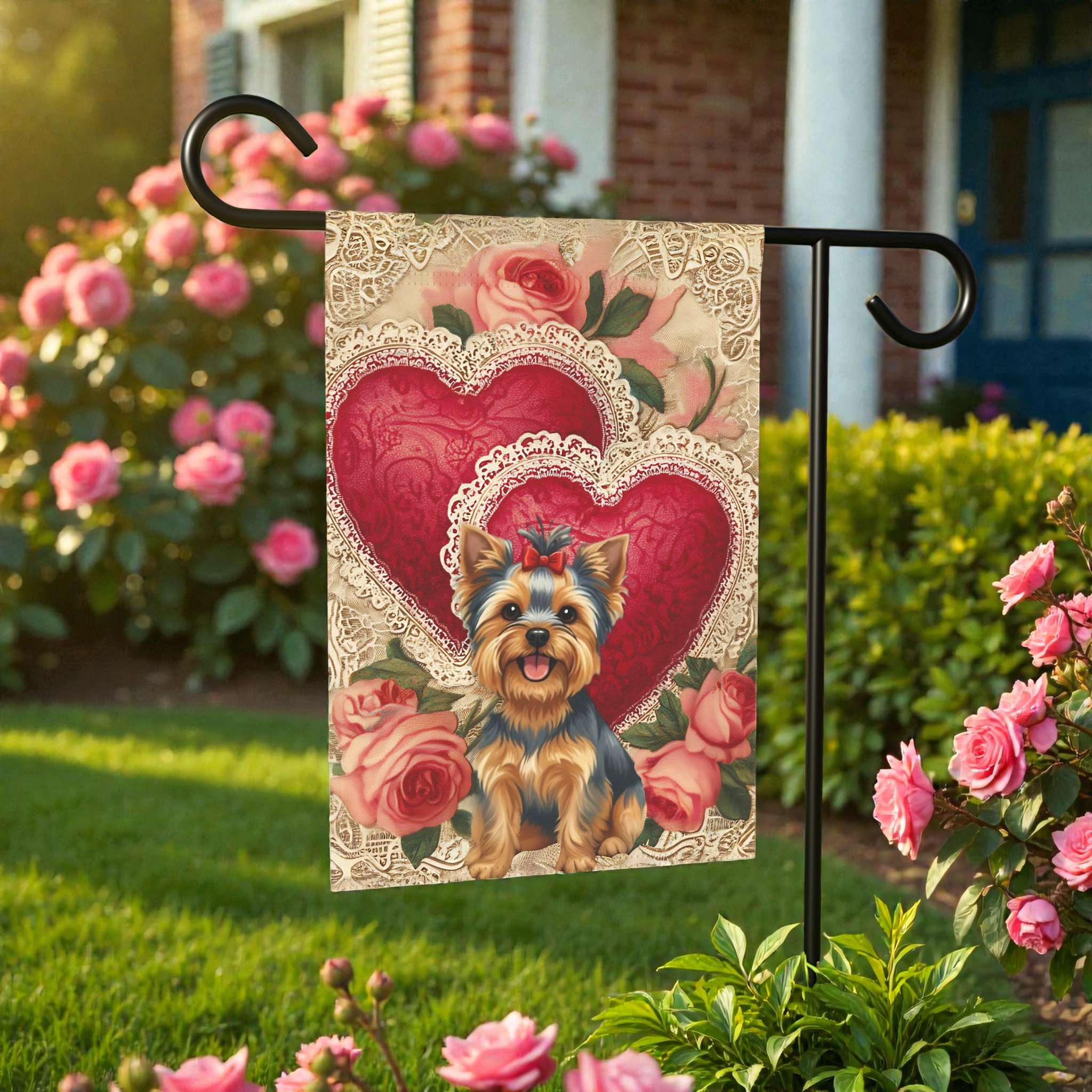 Two Heart Valentine Yorkshire Terrier Garden Flag