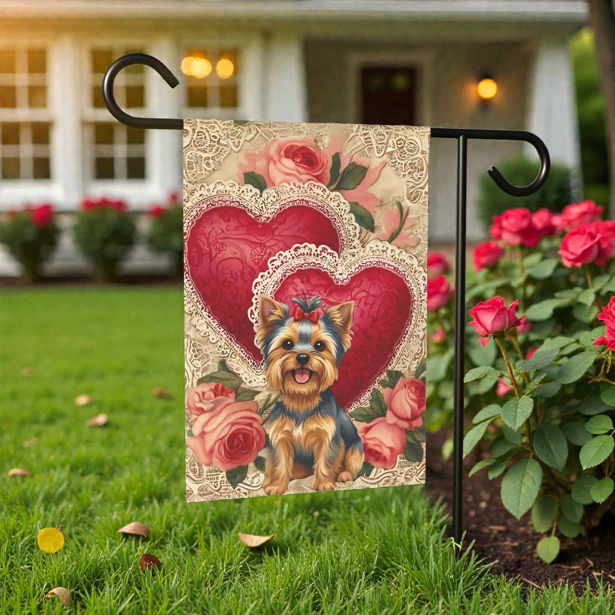 Two Heart Valentine Yorkshire Terrier Garden Flag