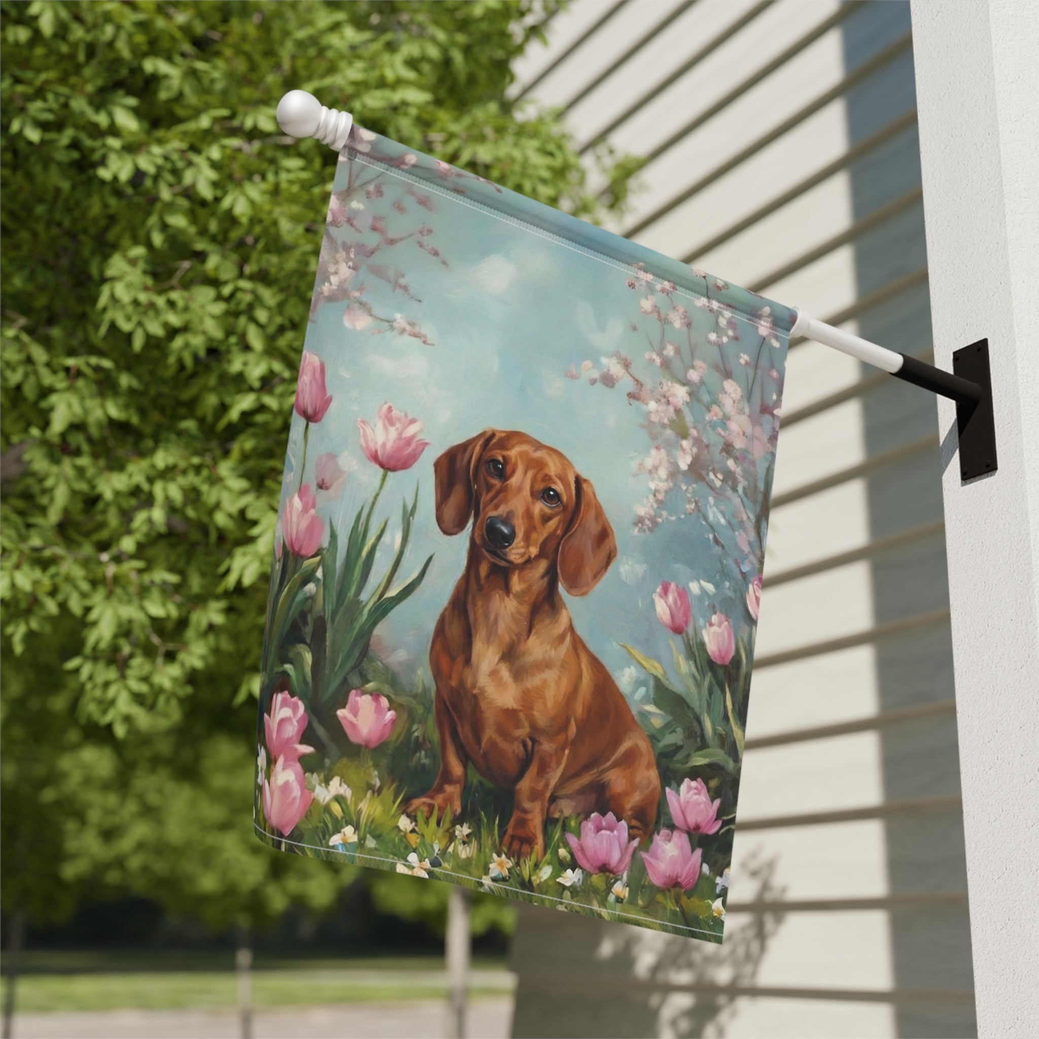 Dachshund in the Tulips Spring Garden Flag