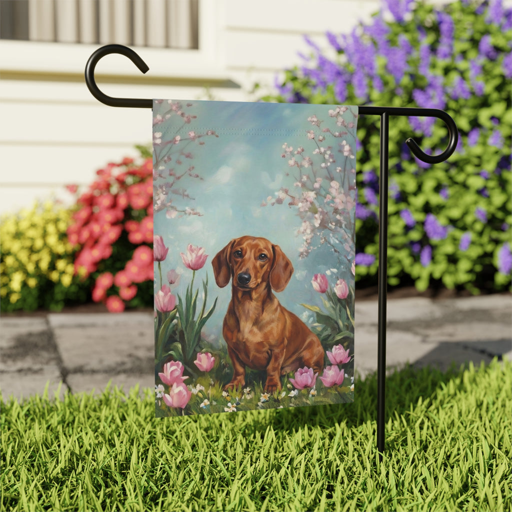Dachshund in the Tulips Spring Garden Flag