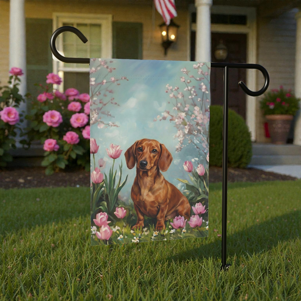Dachshund in the Tulips Spring Garden Flag