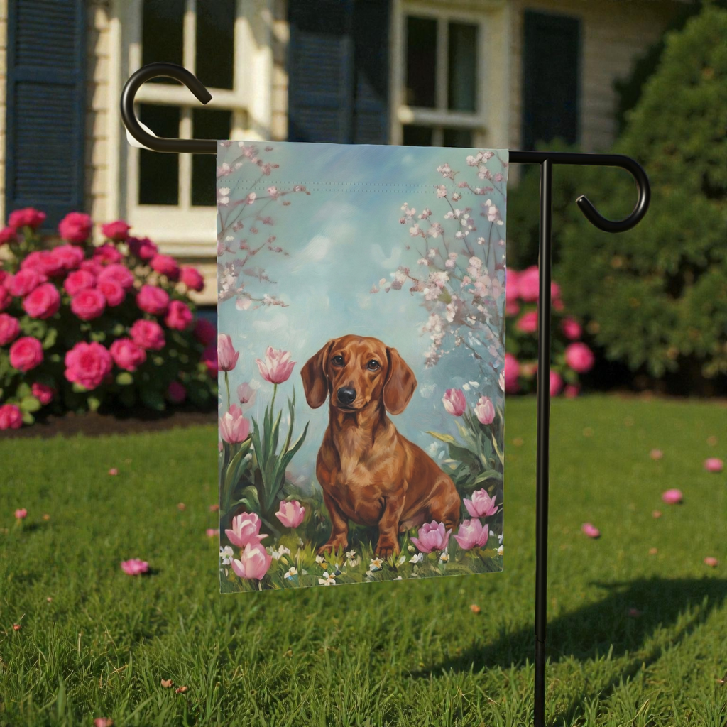 Dachshund in the Tulips Spring Garden Flag