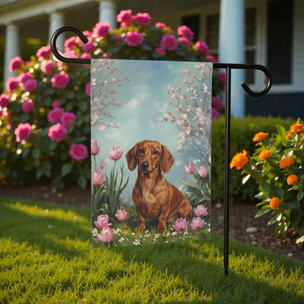 Dachshund in the Tulips Spring Garden Flag