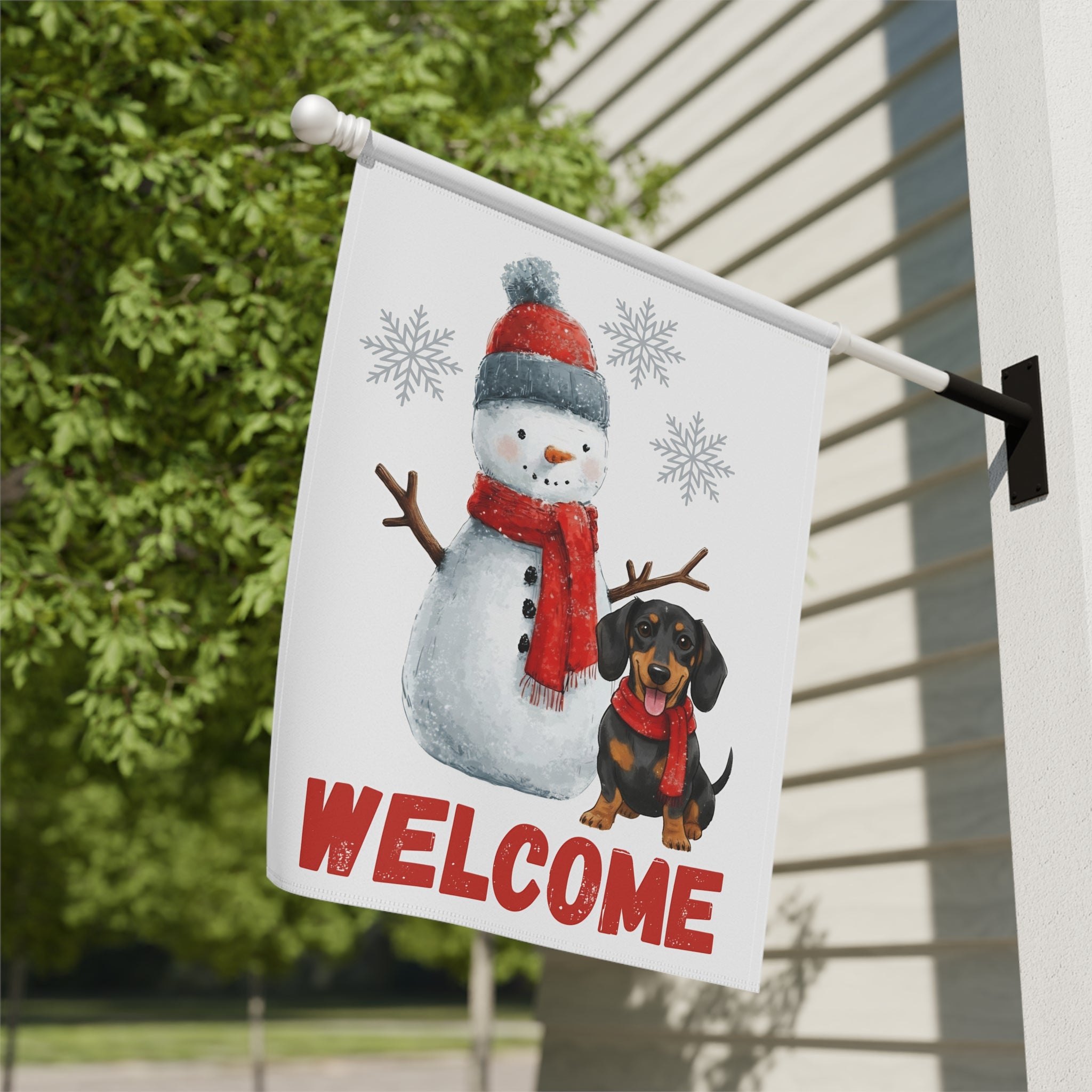 Dachshund and Snowman Christmas Garden Flag - close-up detail - Dragonfire Gardens