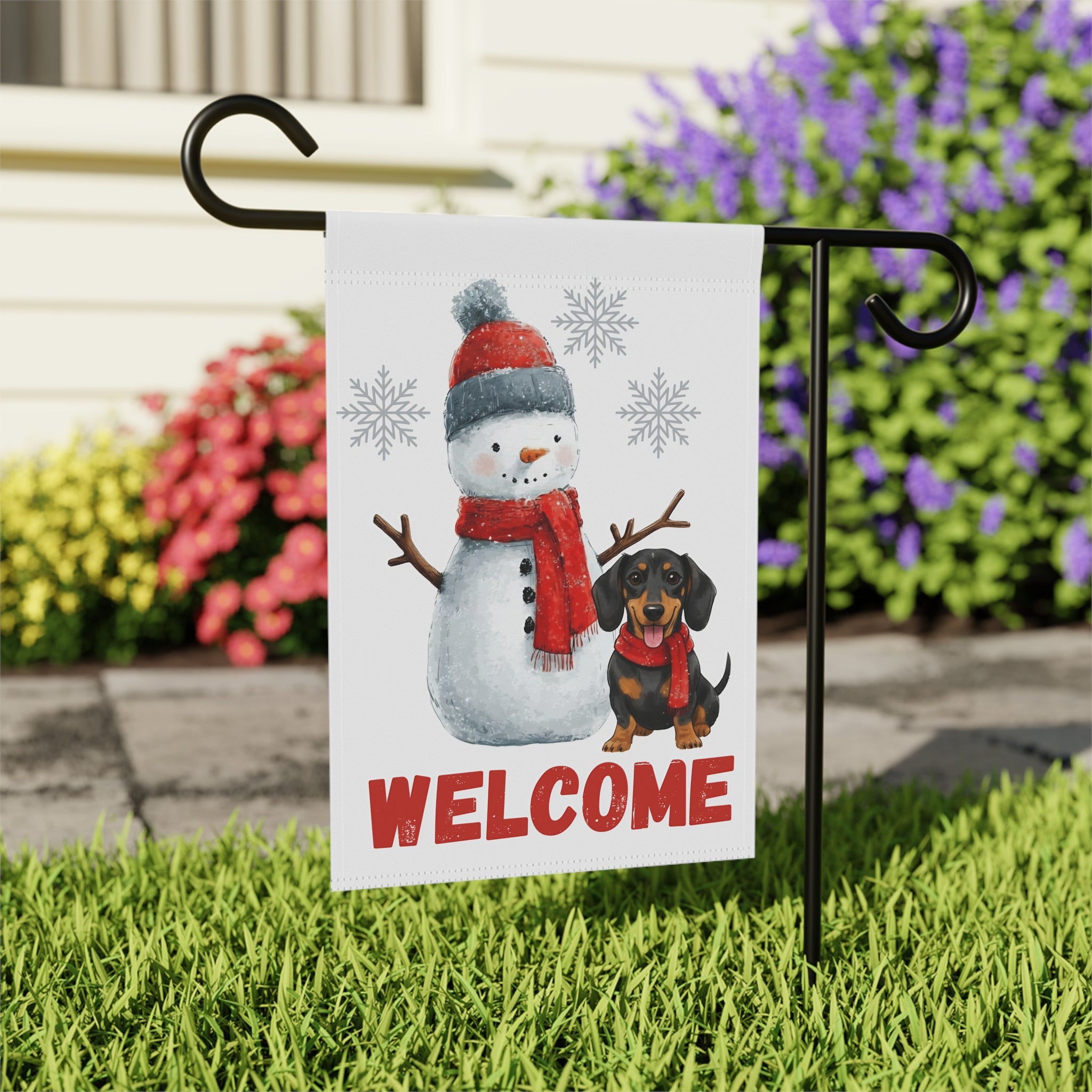 Dachshund and Snowman Christmas Garden Flag - outdoor display - Dragonfire Gardens
