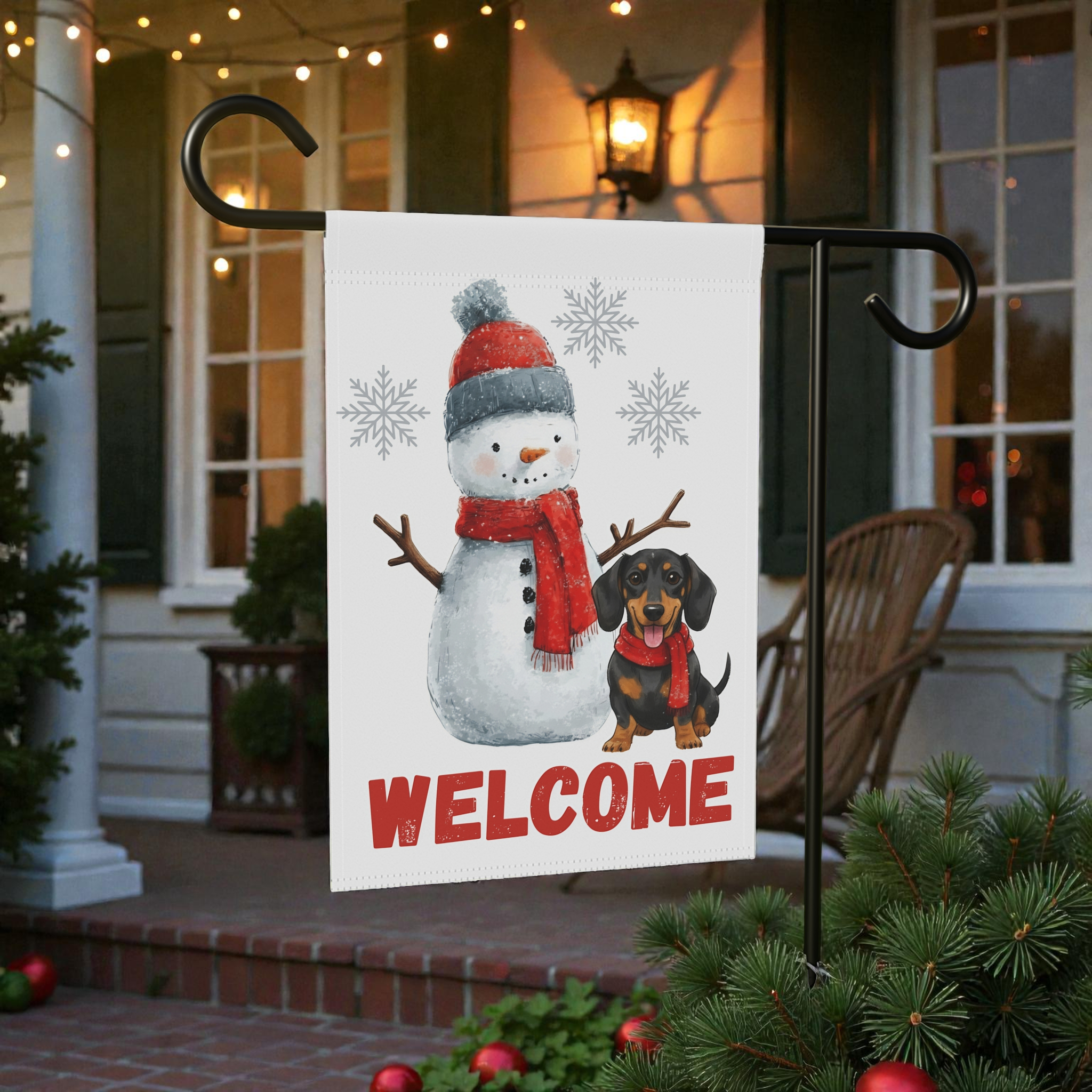 Dachshund and Snowman Christmas Garden Flag - product detail - Dragonfire Gardens
