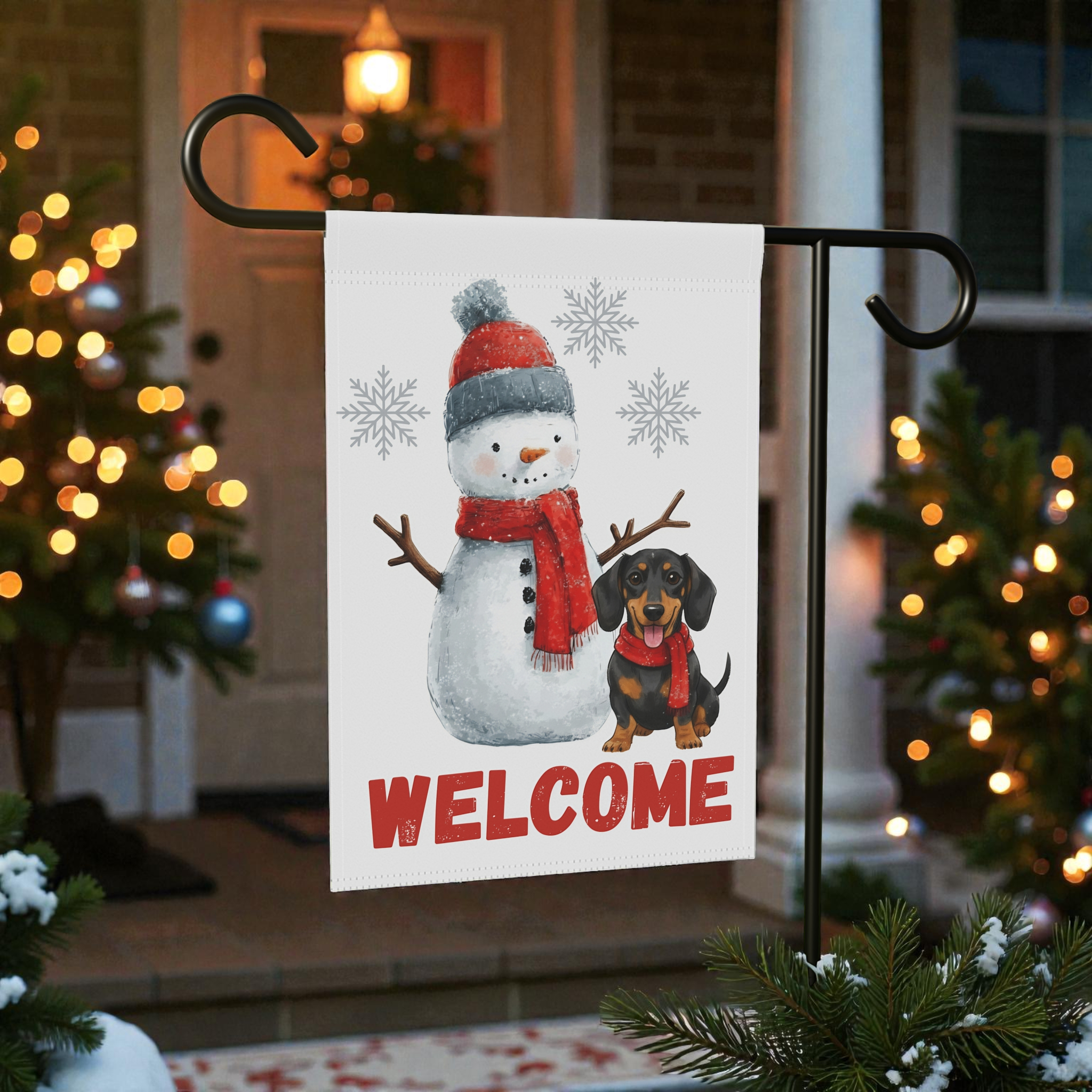 Dachshund and Snowman Christmas Garden Flag - front view - Dragonfire Gardens