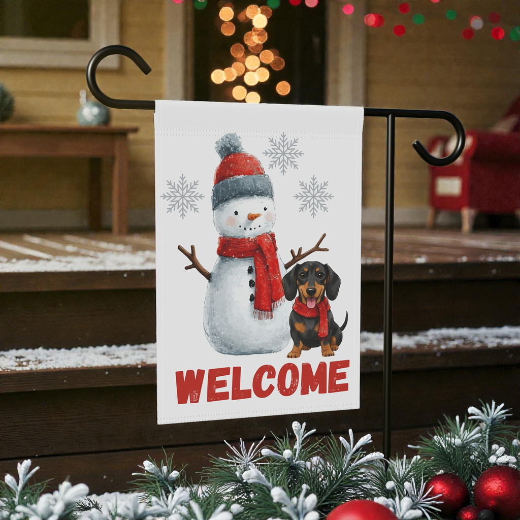 Dachshund and Snowman Christmas Garden Flag - lifestyle display - Dragonfire Gardens